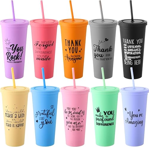 Nosiny 10 vasos de plástico inspiradores a granel con tapas y pajitas, regalos de agradecimiento, vasos de colores mate de doble pared para disponible en Yaxa Peru