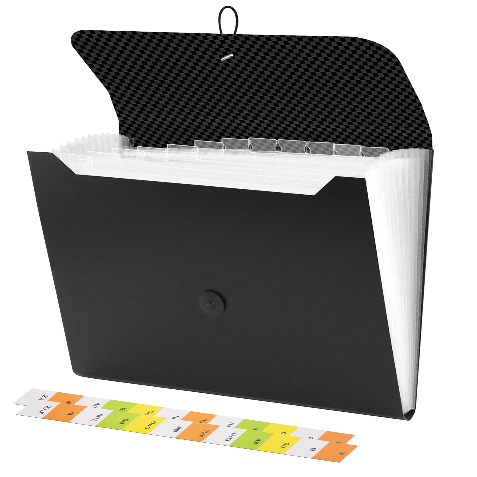JEFURE Expanding File Folder, 13 Pockets Document Organiser, A4 Accordion File Organiser with Clear Inner Pages, Portable Document Folder for Home, Office and School Use (Black)