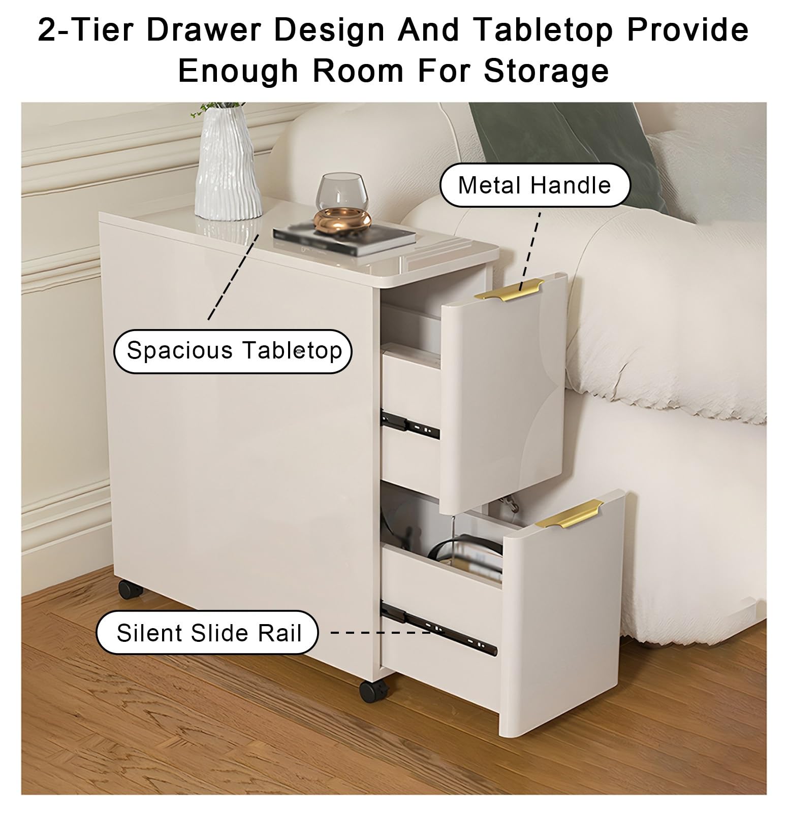 Mesita De Noche Estrecha De Madera Maciza con Ruedas Universales Y Cajones para Dormitorio, Sofá O Espacios Pequeños.(White,11x35x32)