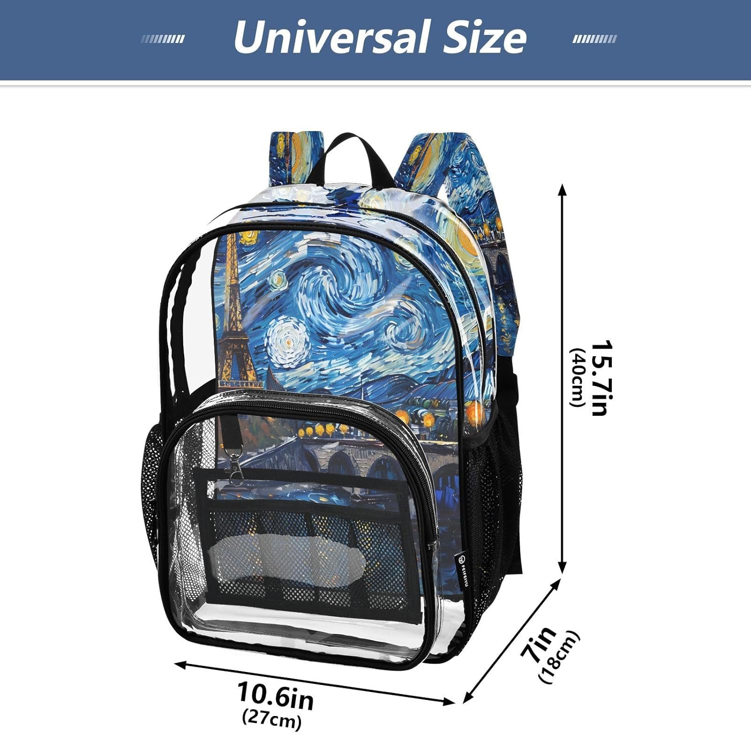 Night Paris Eiffel Tower Starry Clear Backpack Heavy Duty See Through Transparent PVC BookBag for Kids Boy Girl Adult School Work