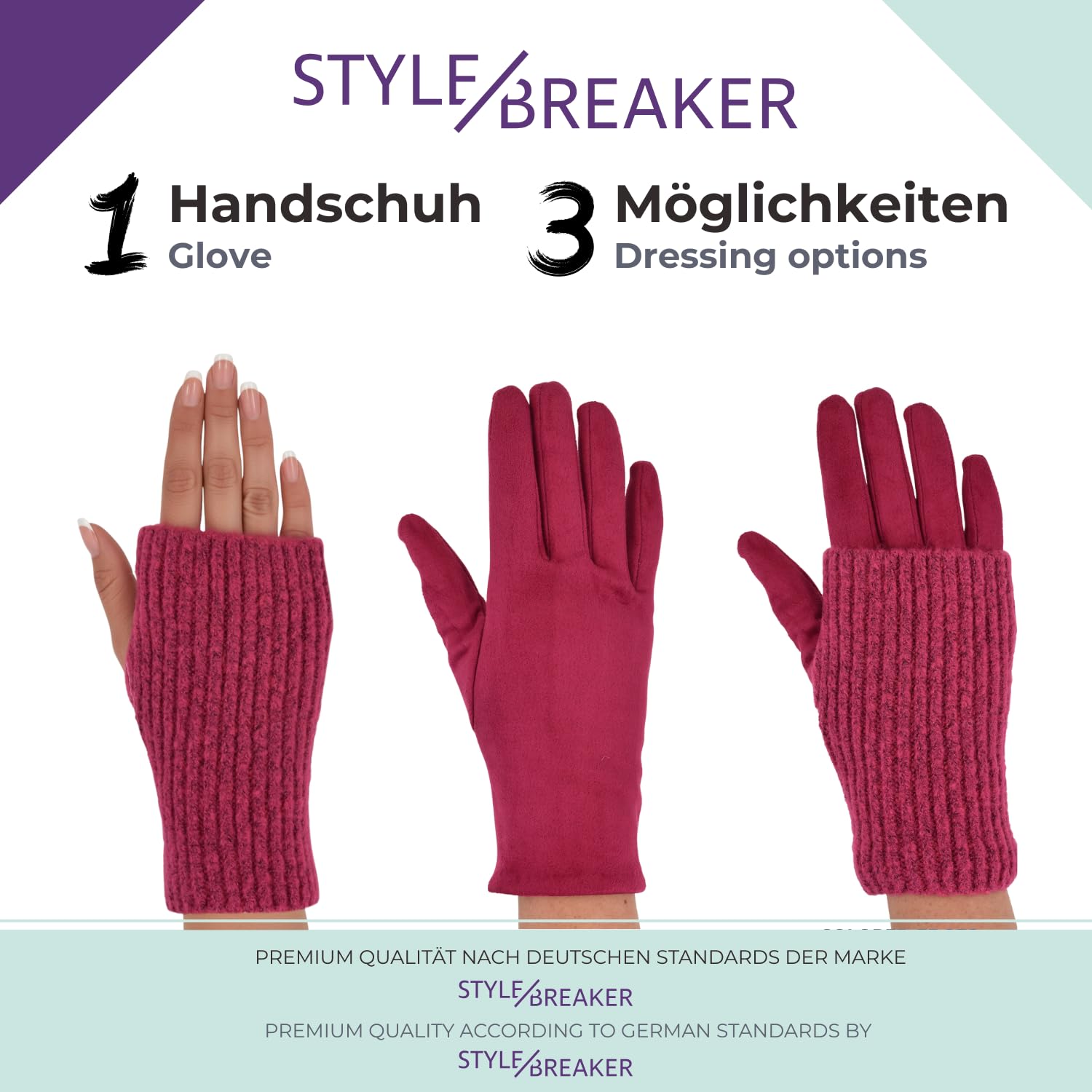 styleBREAKER Damen 3 in 1 Touchscreen Handschuhe mit abnehmbarer Strick Stulpe | Winterhandschuhe | 3 Tragevarianten | Weich warm elastisch in vielen Farben