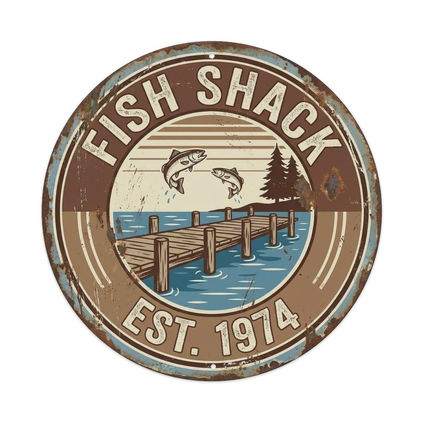 Fish Shack Angler Fishing Quote Tackle Culture Outdoor Label Metal Tin Sign Plaque Wall Decor for Cafe, Man Cave, Club Bar, Office, Home Garden Round Metal Poster 8x8Inch