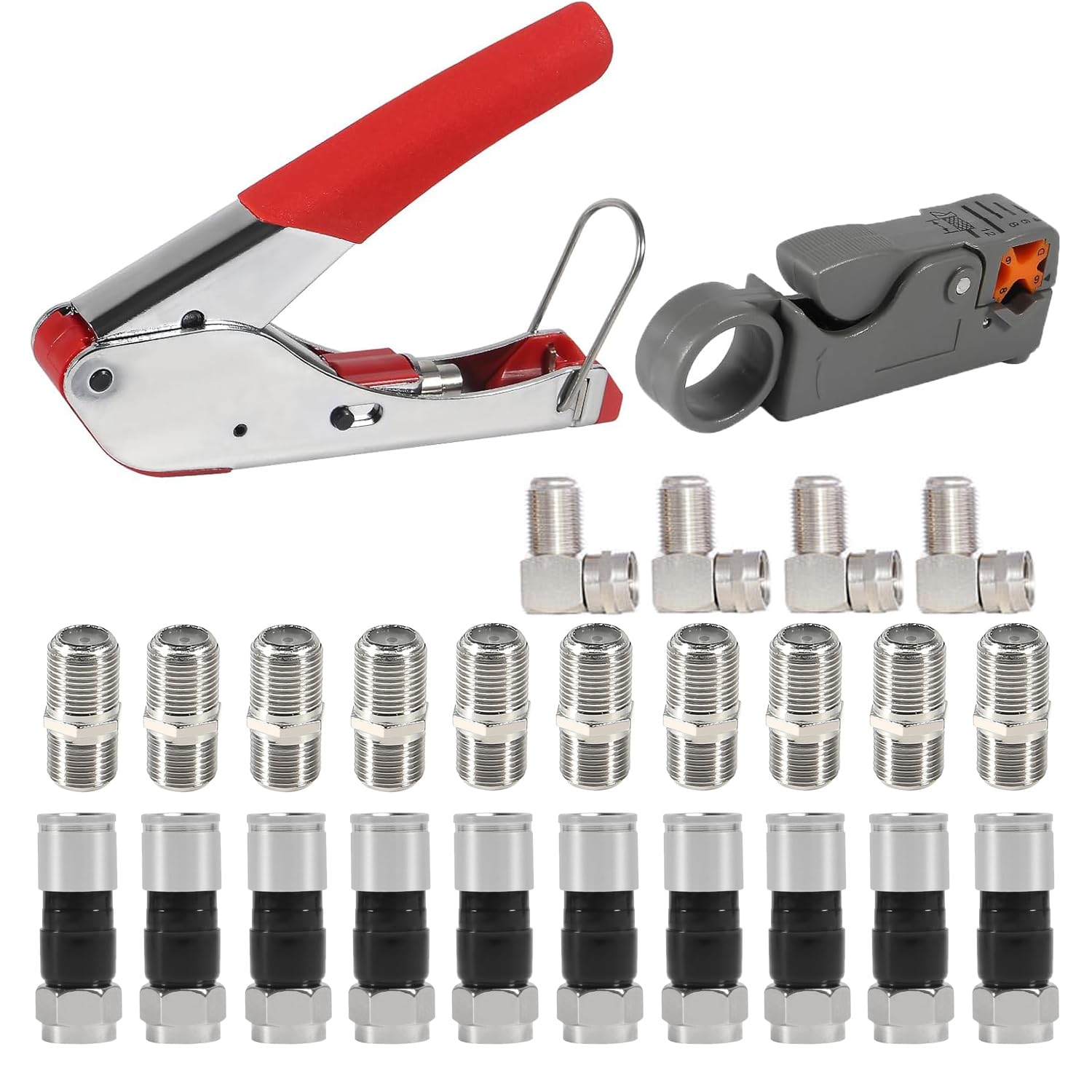 ALMOCN Coaxial Cable Crimping Tool Kit Coax Cable Crimper Tool + 10PCS RG6 Compression Connectors + 10PCS Coaxial Cable Extension Adapter with 4PCS