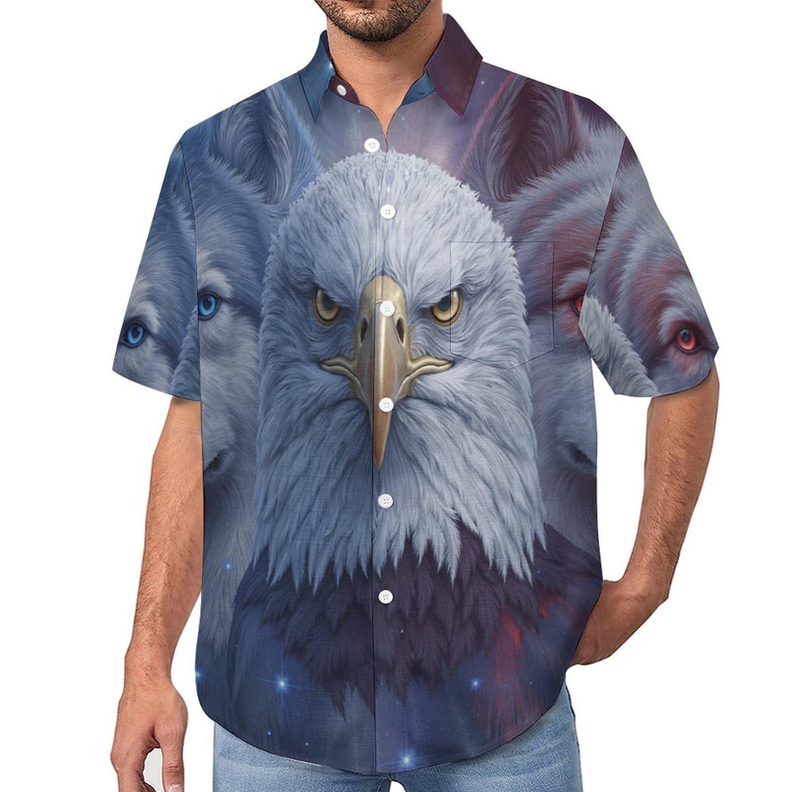 Funky Camicia Hawaiana Uomo, Manica Corta Design Aloha Camicie con Bottoni, Estiva Camicie a Lupi Spaziali Aquile Casual Stampa Spiaggia Estate Fantasy Camicia