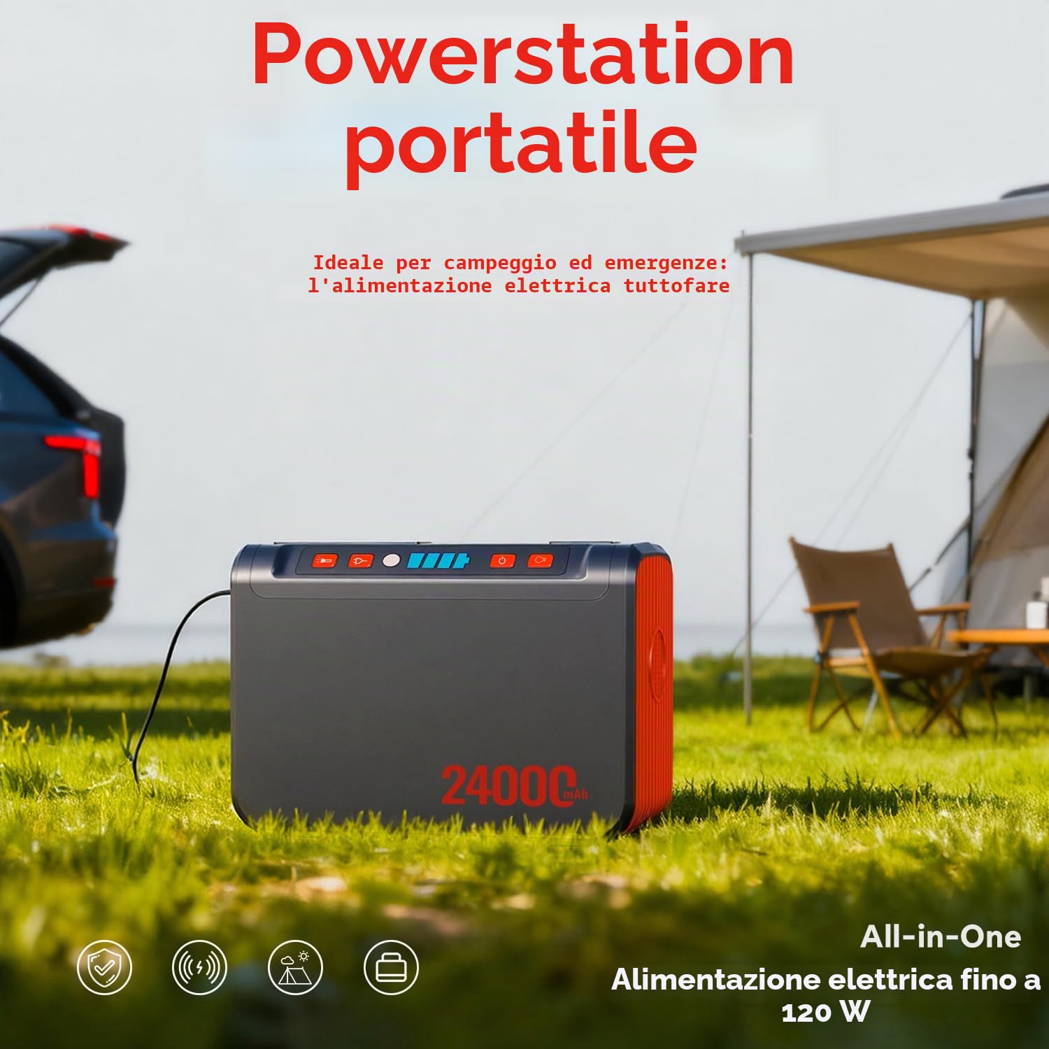Powerstation portatile 88 Wh, power bank da 80 W con presa CA da 230 V e torcia a LED, piccolo generatore per interruzioni di corrente, campeggio, emergenze, escursionismo, viaggi.