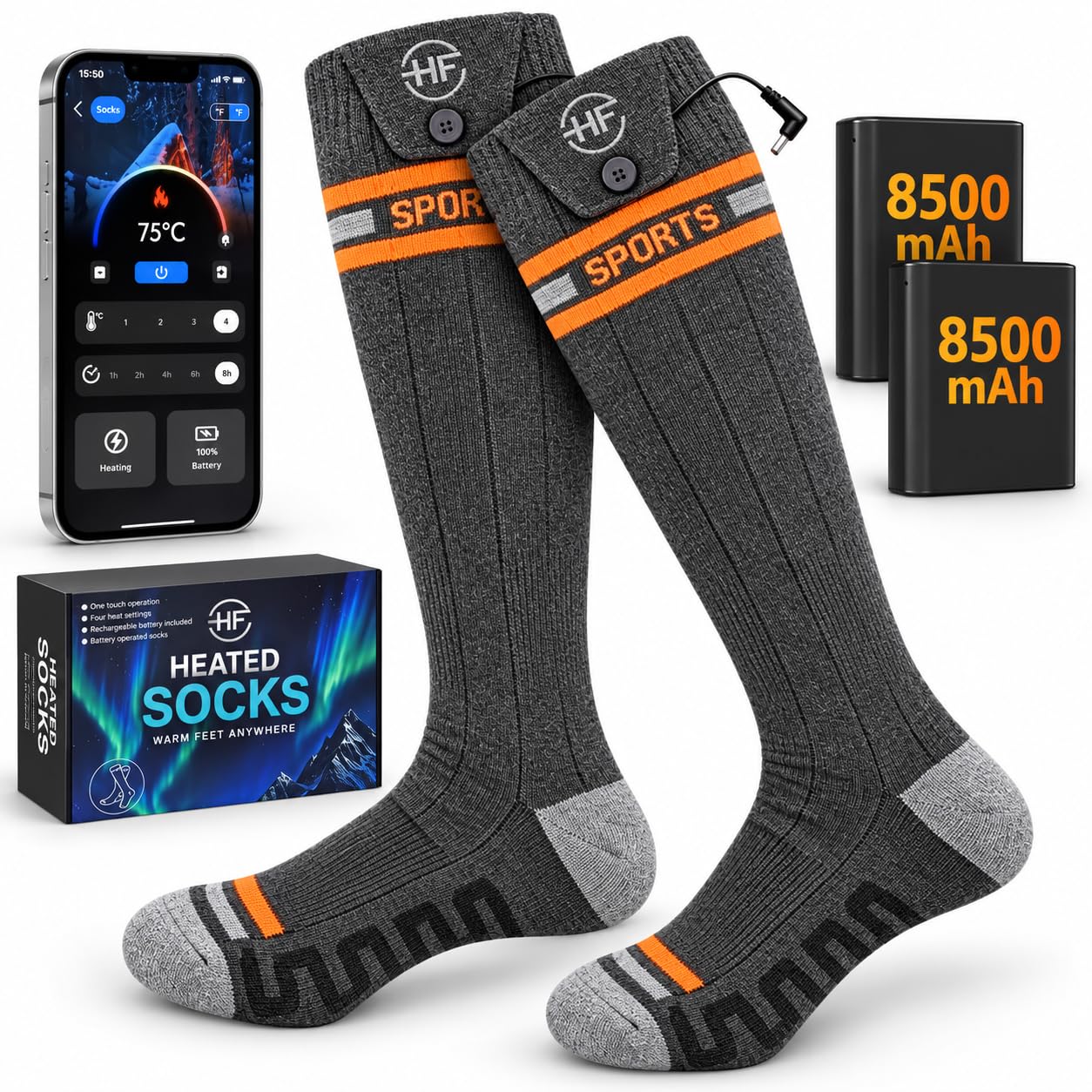 8500mAh Rechargeable Heated Socks for Men & Women, Electric Heated Socks,L