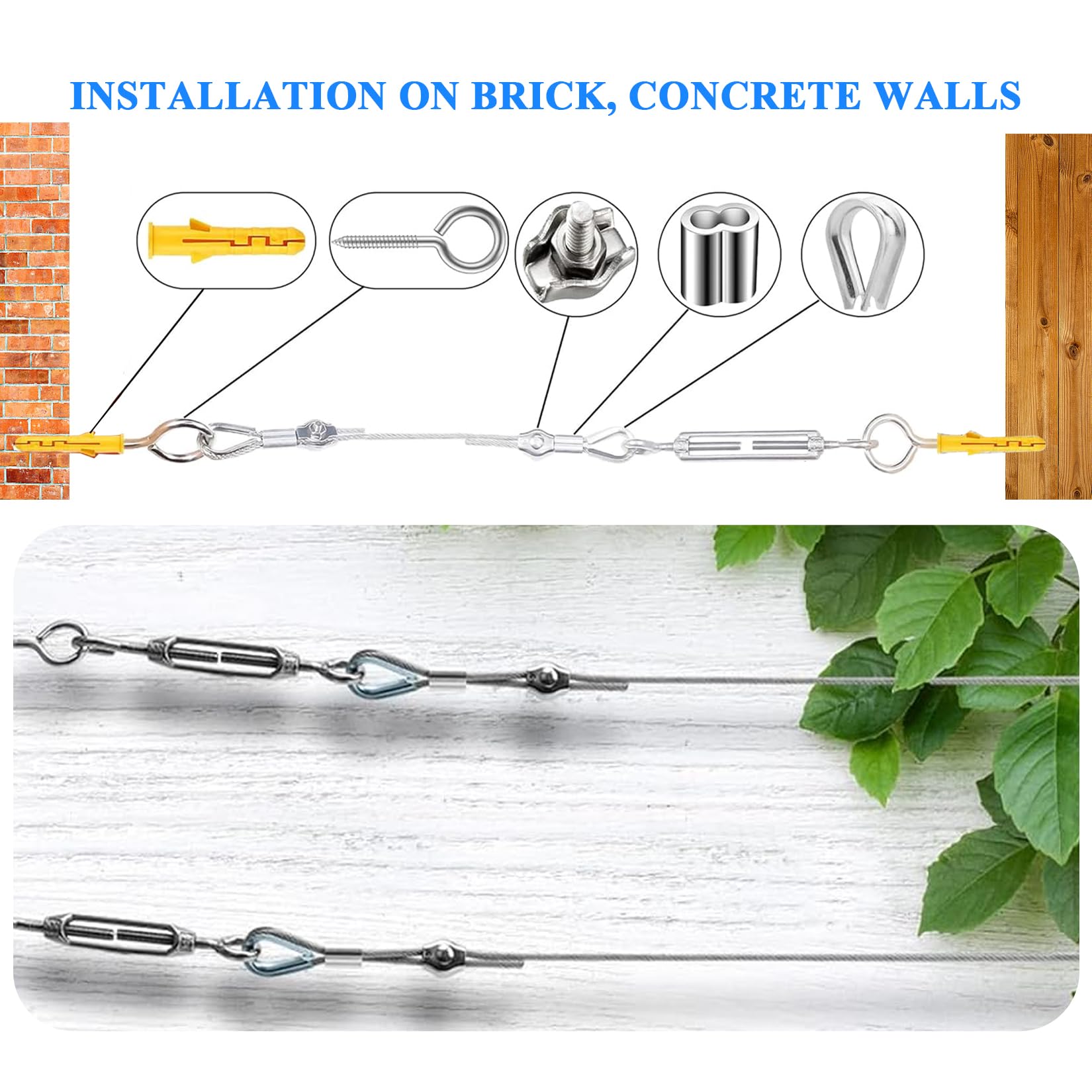 50m Serre Cable Acier, 67 Pcs Kit Gaine Cable 3mm 7x7 Avec 4 Tendeur Cable 20 Boucles Sertissage 10 Cosses Cable 10 Pinces 4 Crochets Muraux 96776339