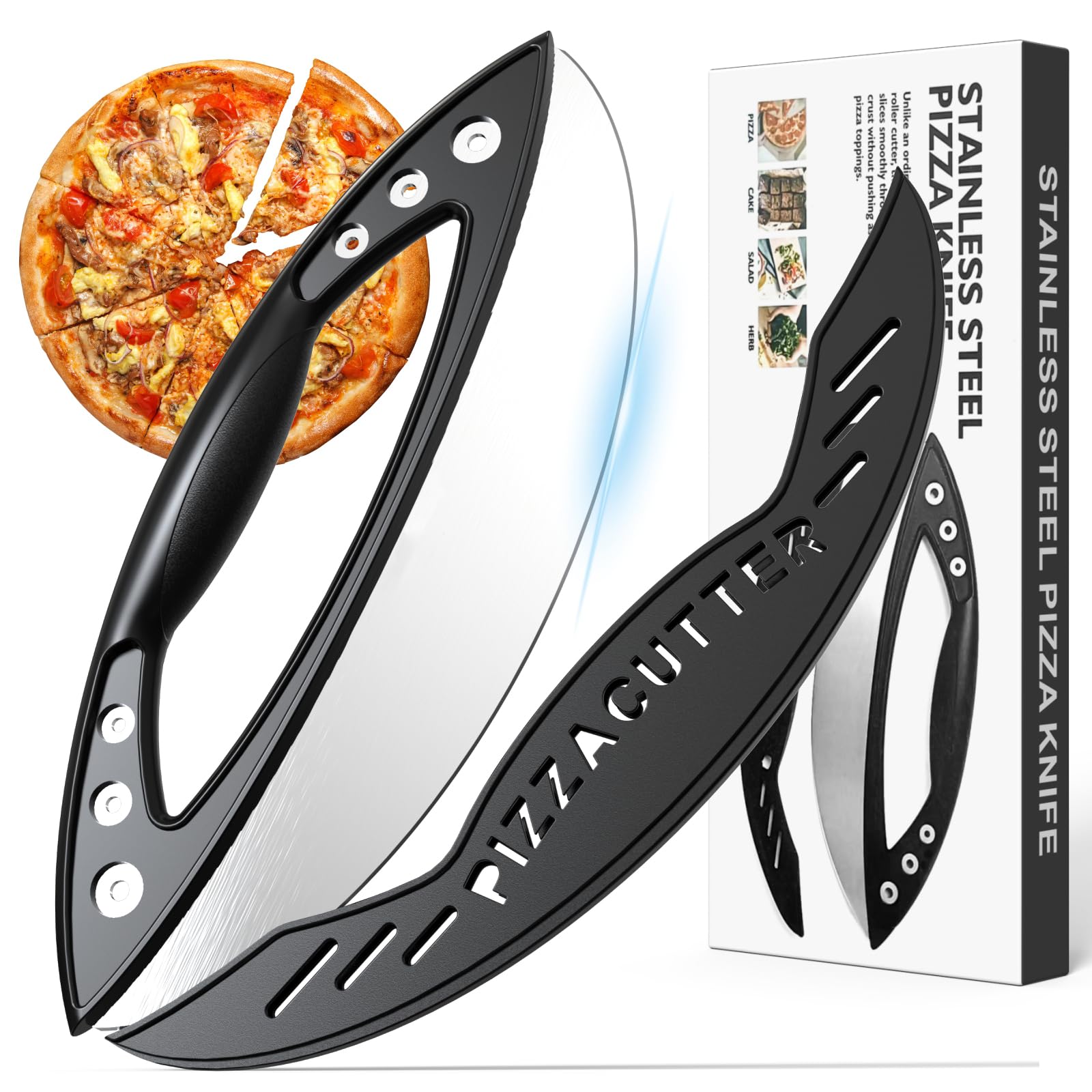 Photo 1 of AILUROPODA 12-Inch Pizza Rocker Blade Cutter, Stainless Steel with Protective Cover, Silver