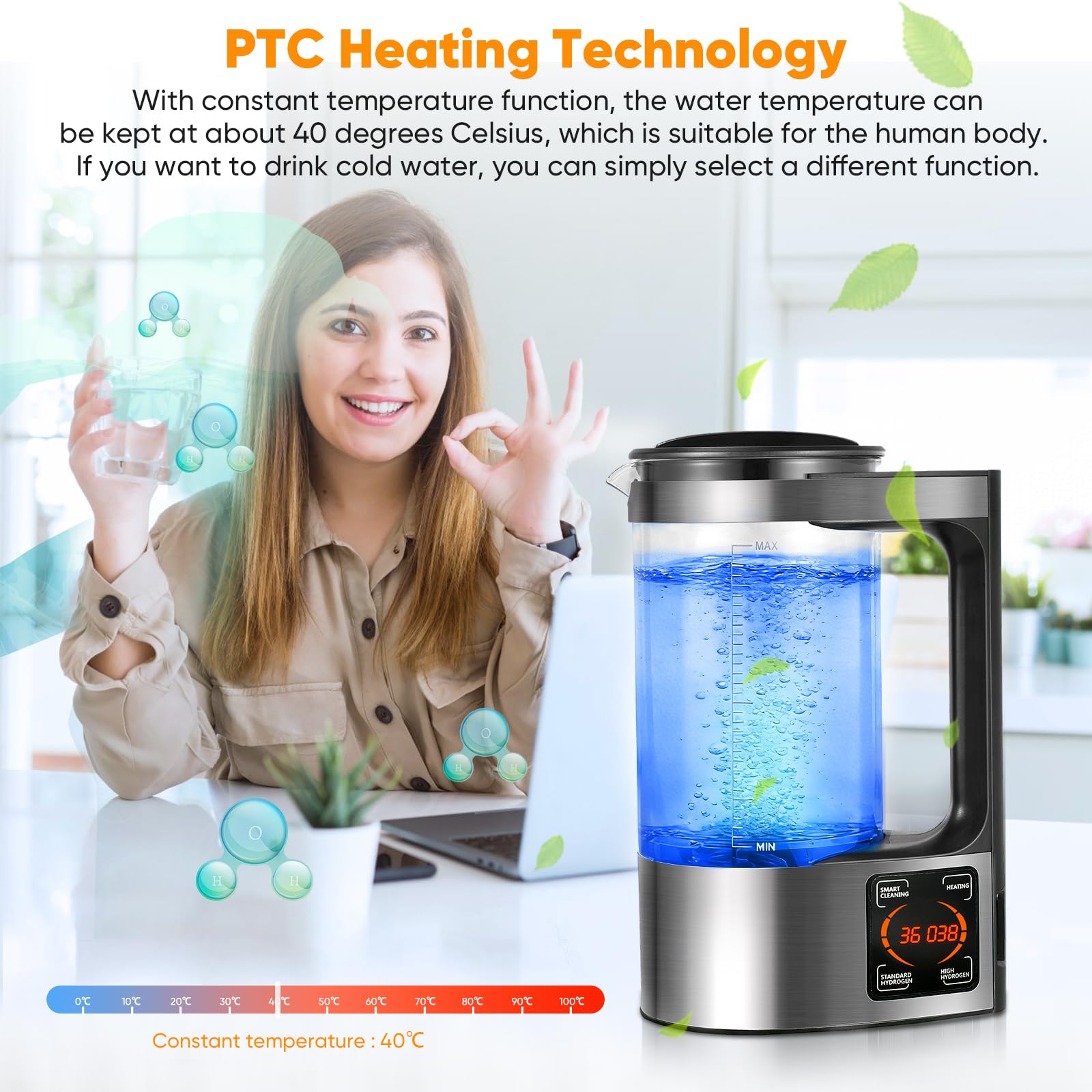 Generador de Agua Hidrogenada 2L Portátil Botella de Agua Rica en Hidrógeno con Calentamiento PTC Pantalla Táctil LED Digital Termostato para Hogar Oficina
