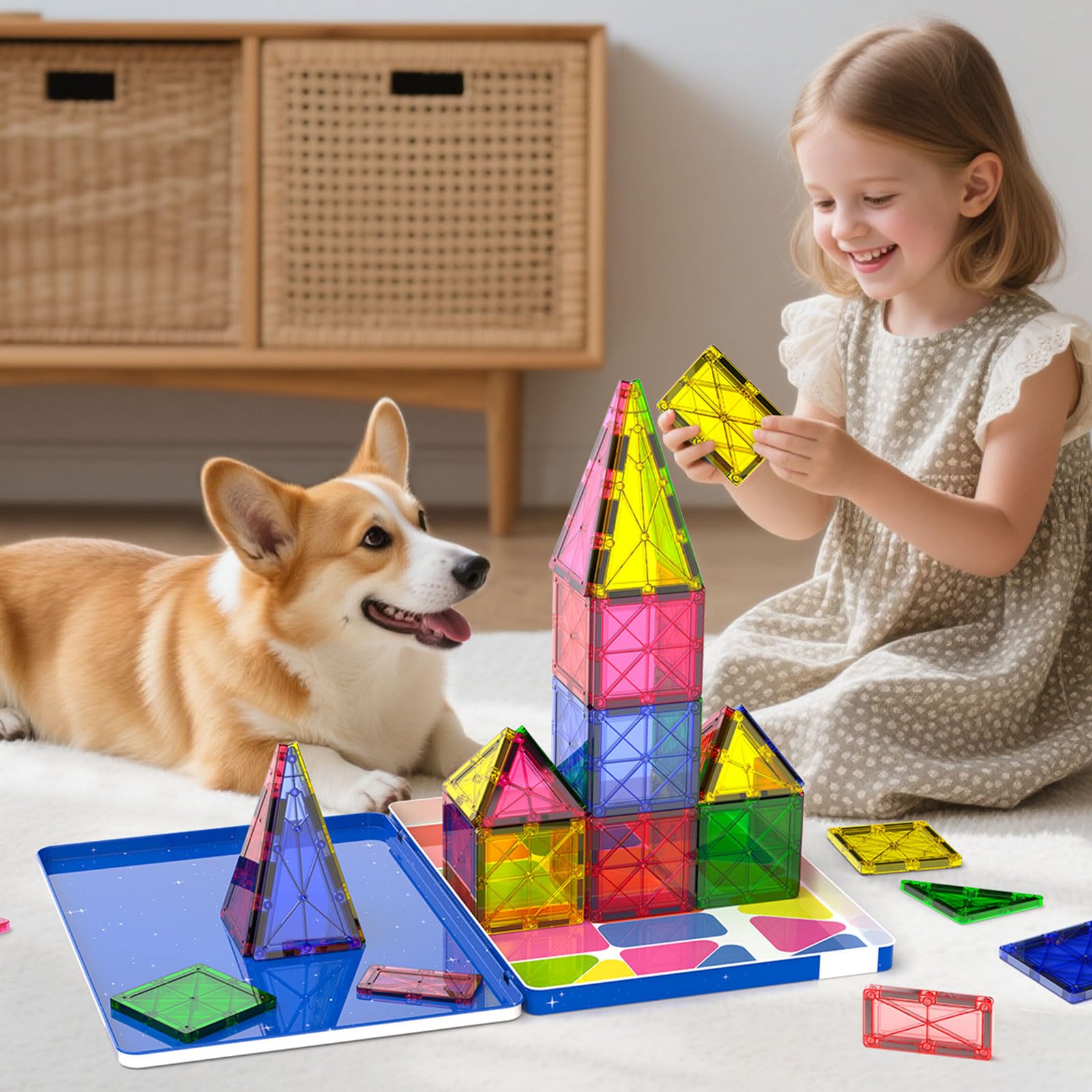iburge 32 Piece Jumbo Magnetic Tiles with Metal Case, 7.5cm Large Magnet Building Blocks Toys for Kids 3-12 Year Olds - Image 2