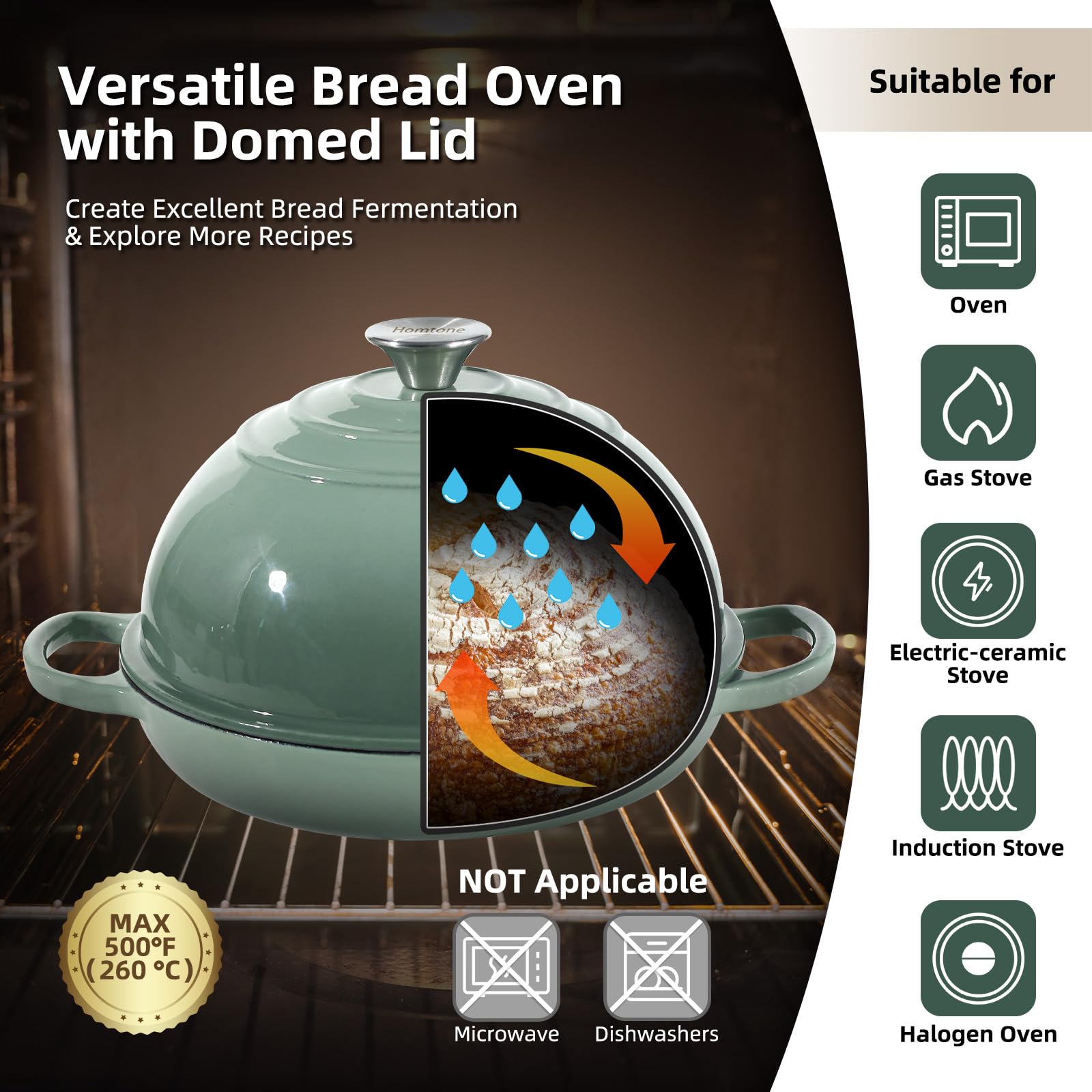 Homtone Horno holandés de hierro fundido esmaltado de 5,2 L/26 cm para pan de masa madre, olla holandesa con tapa abovedada, olla de pan de hierro fundido (verde polvoriento, estándar)