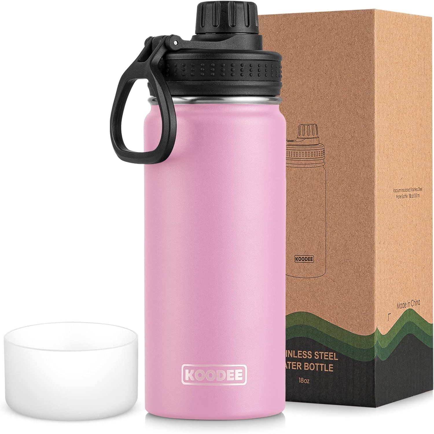 Photo 1 of koodee Insulated Water Bottle, 18 oz Stainless Steel Double Wall Vacuum Wide Mouth Sport Bottle with Leakproof Spout Lid (Pink)