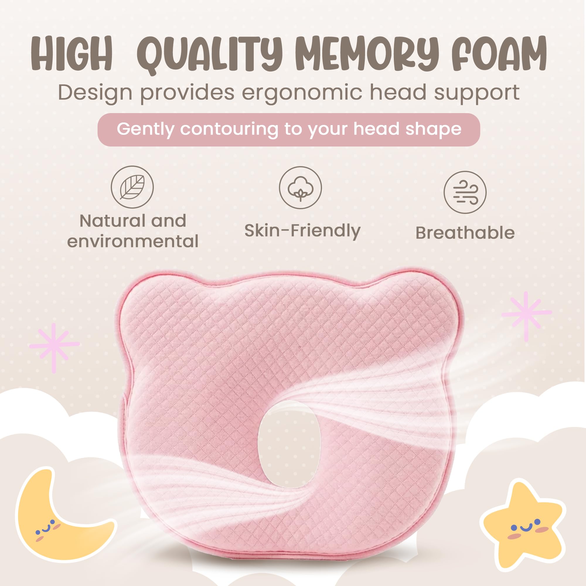 MarBoost Soft and Breathable Baby Pillow with Memory Foam and Bear Design (Pink)