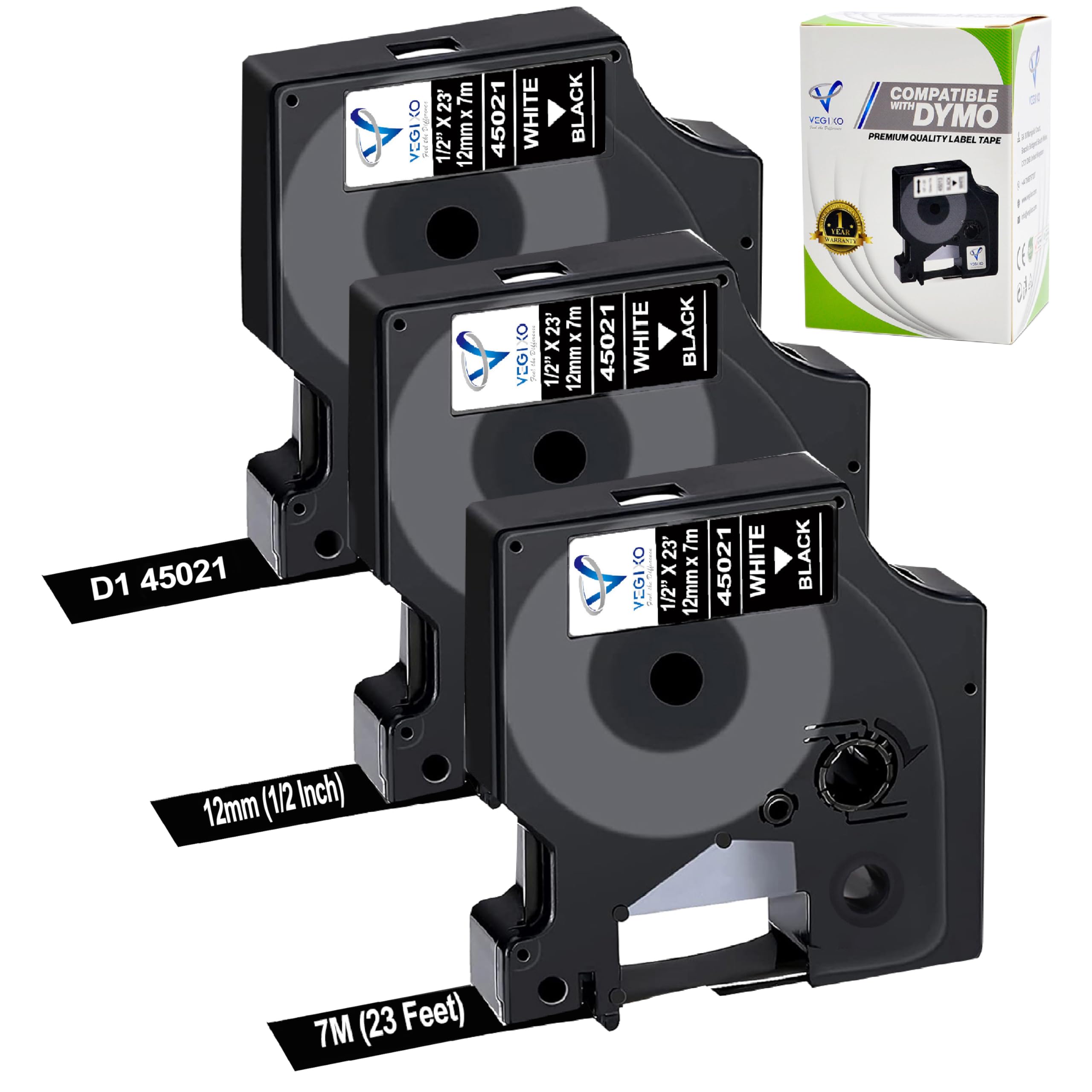 12mm X 7m – White on Black D1 Label Tape Pack of 3 - Replacement for 45021 S0720610 Dymo ‎Label Printer Tape, Compatible with Dymo Label Maker 160, 210D, Label Writer 450D, 500TS.