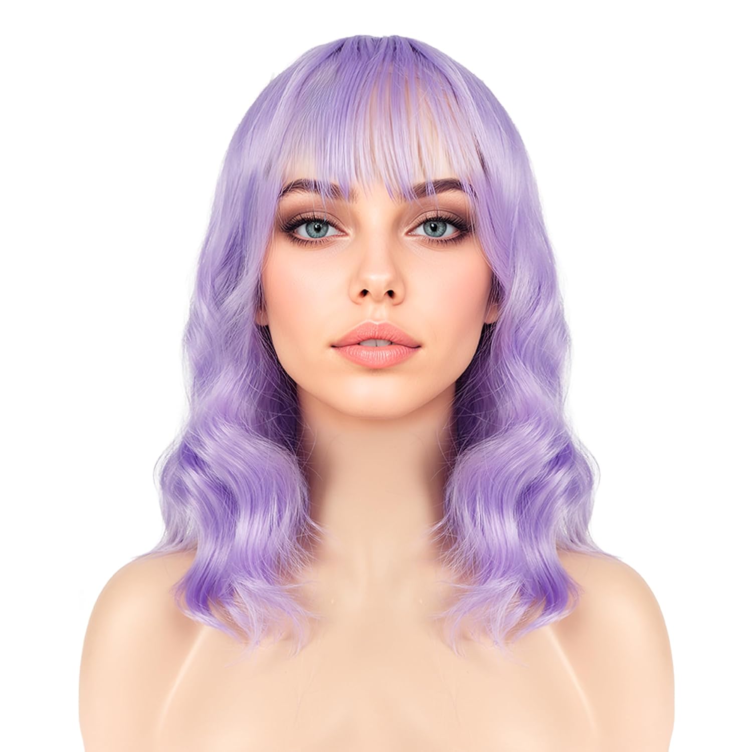 Light Purple Wig with Bangs for Women Loose Wavy Bob Wigs Shoulder Length Colorful Hair Heat Resistant Synthetic Wigs for Daily Cosplay Party Use (Light Purple)