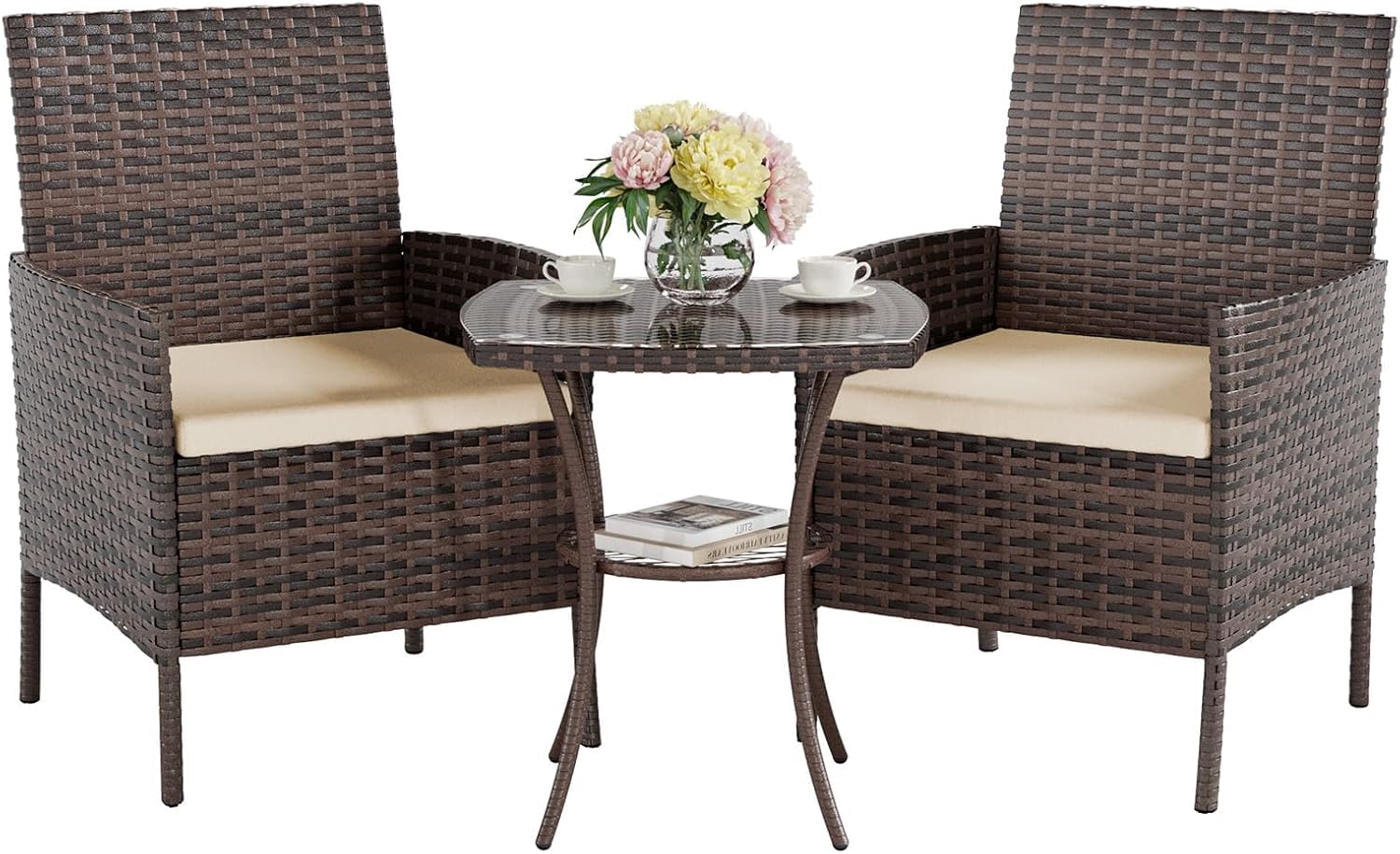 UDPATIO Salon de Jardin Exterieur 2 Fauteuils avec Coussin et 1 Table Basse en Verre trempém, Canapé de Jardin en rotin pour Le Jardin et la terrasse, Marron