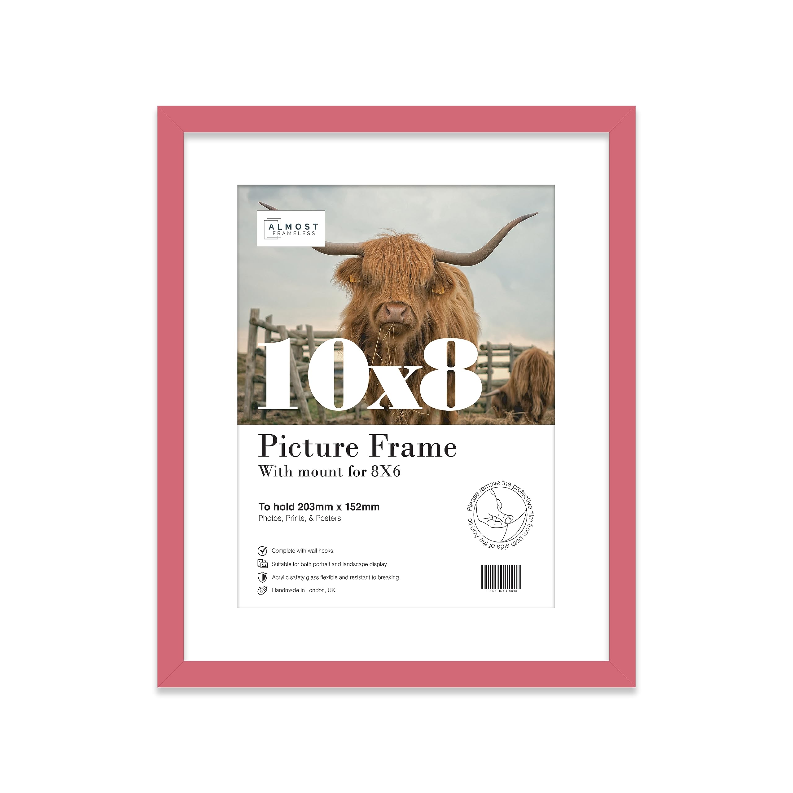Almost Frameless 10x8 Pink Picture Frame With Mount for 8x6 Print, Poster or Photo Poster, Photo, Artwork, or Print. Thin Edge Slim Frame Portrait and Landscape Display with Wall Hooks