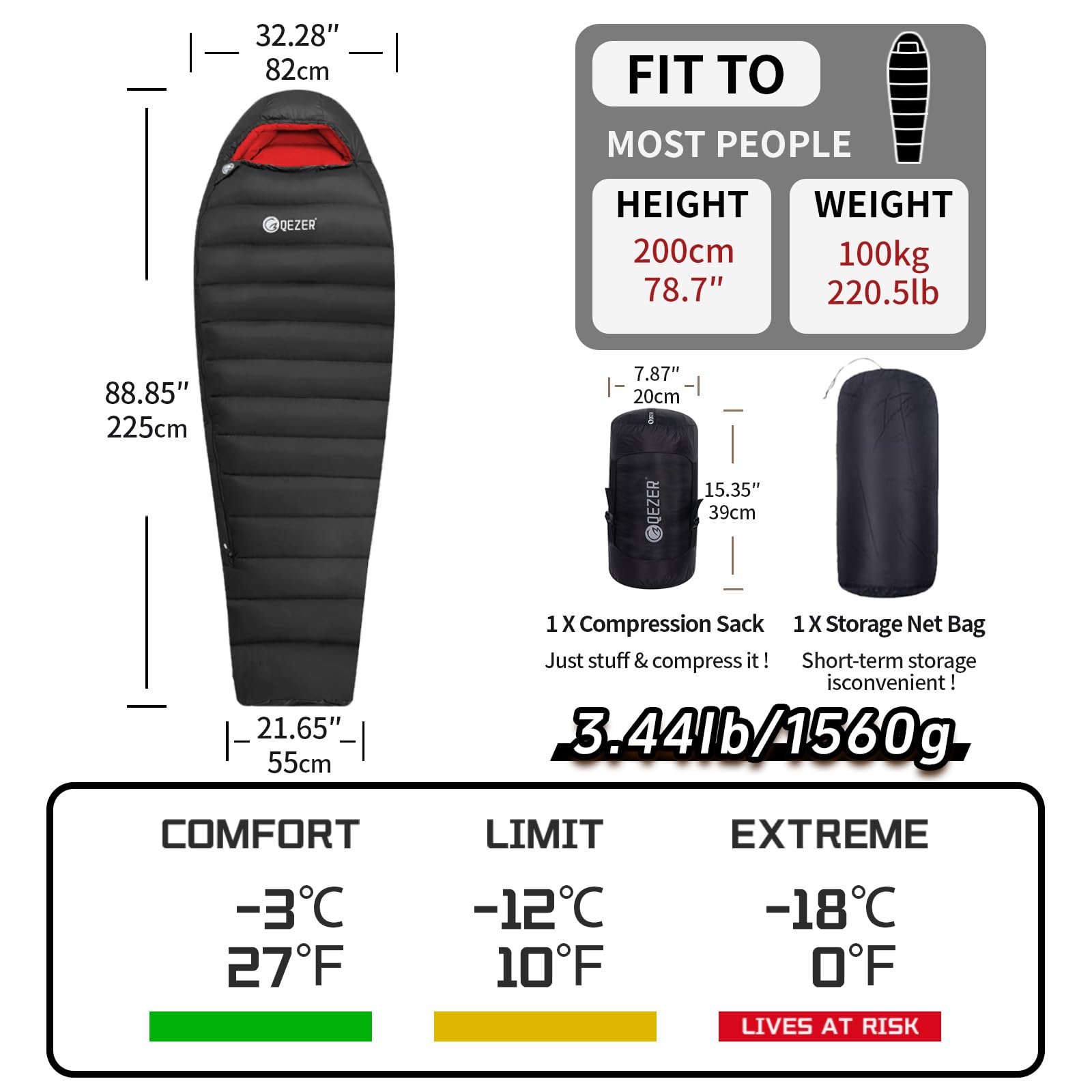 Saco de dormir de 0 grados, 1000 g | -17.8 °C--2.8 °C, relleno de 650 grados, uso en 4 estaciones, transporte compacto y ligero, camping, senderismo, mochilero