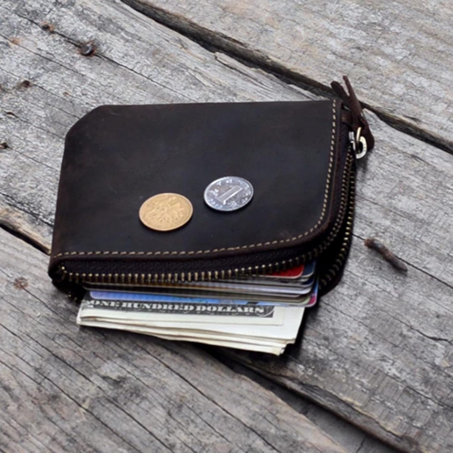 Genuine Vintage Leather Zipper Coin Purse Wallet With Key Car Smart Holder, Change Purse, Credit Card Coin Pouch Holder For Men Darkbrown