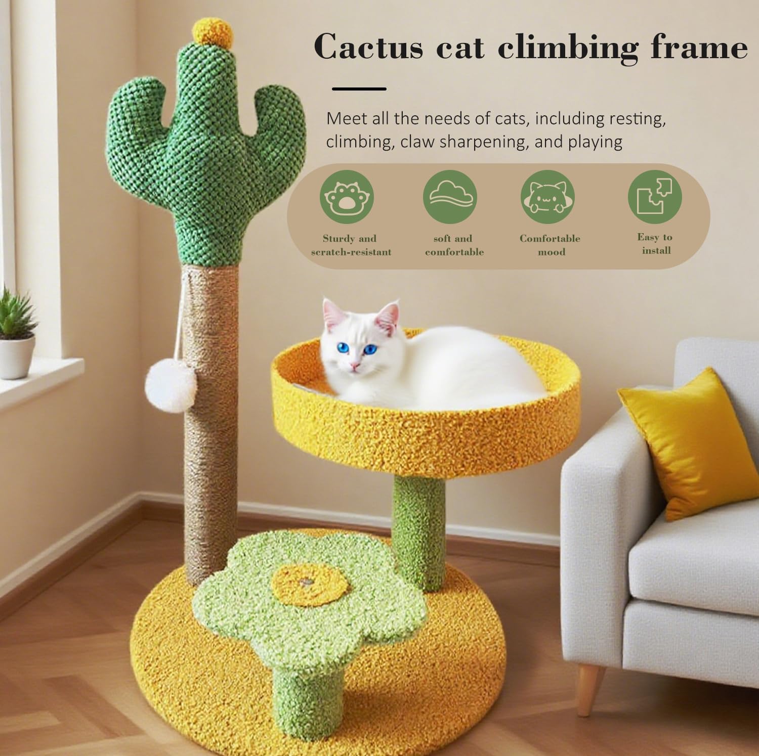 Cactus Cat Scratching Posts Cats Scratcher H 27.16" with Premium Sisal Rope 13.78" Bed, Flower Shaped Platform and Dangling Balls, Scratcher Vertical Green Cats Tree Suitable for Indoor Kitten