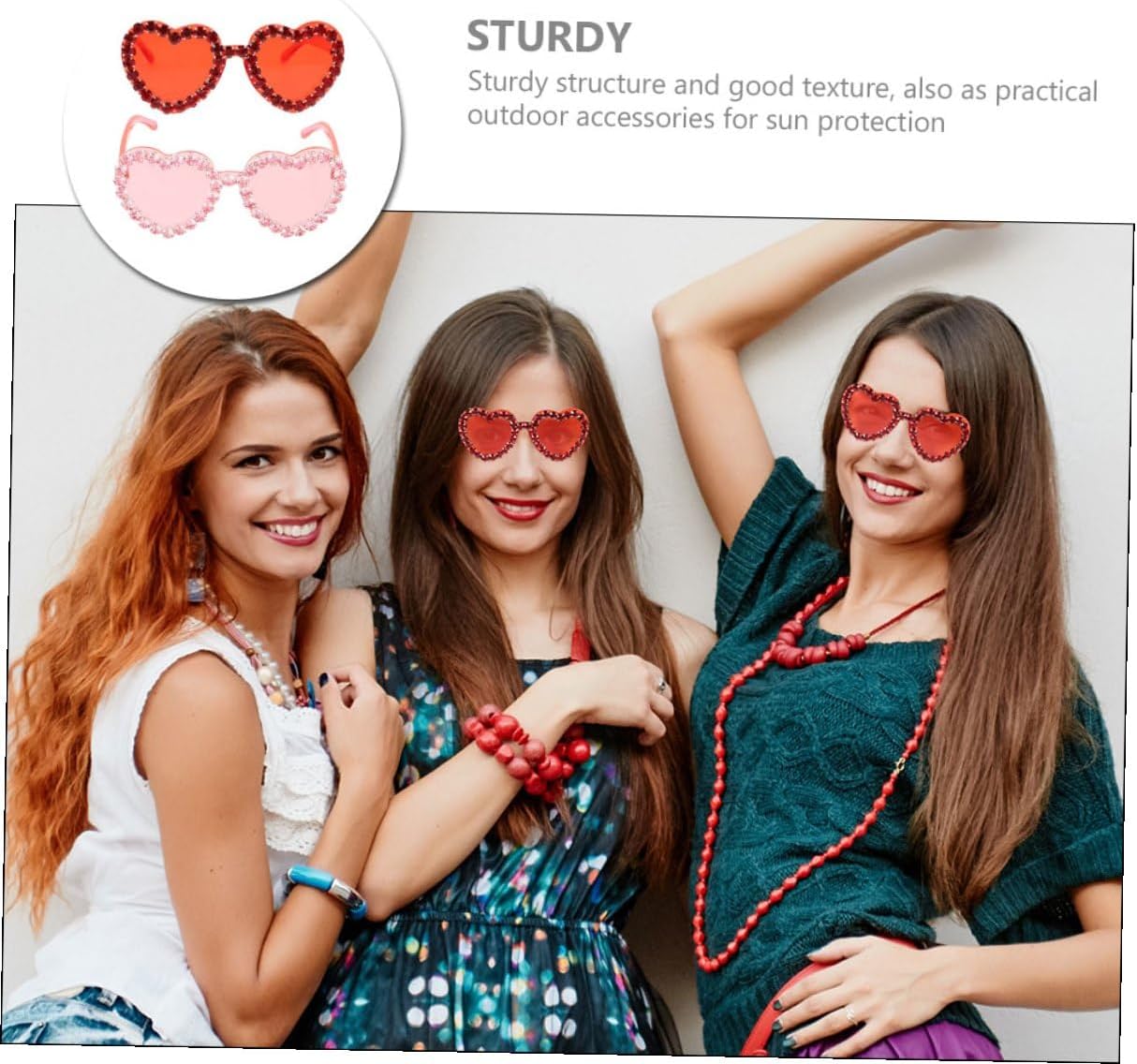 2pcs Heart Shaped Sunglasses for Women, Deep Red and Light Pink Rhinestone Frame, Summer Festival and Wedding Beach Party Eyewear