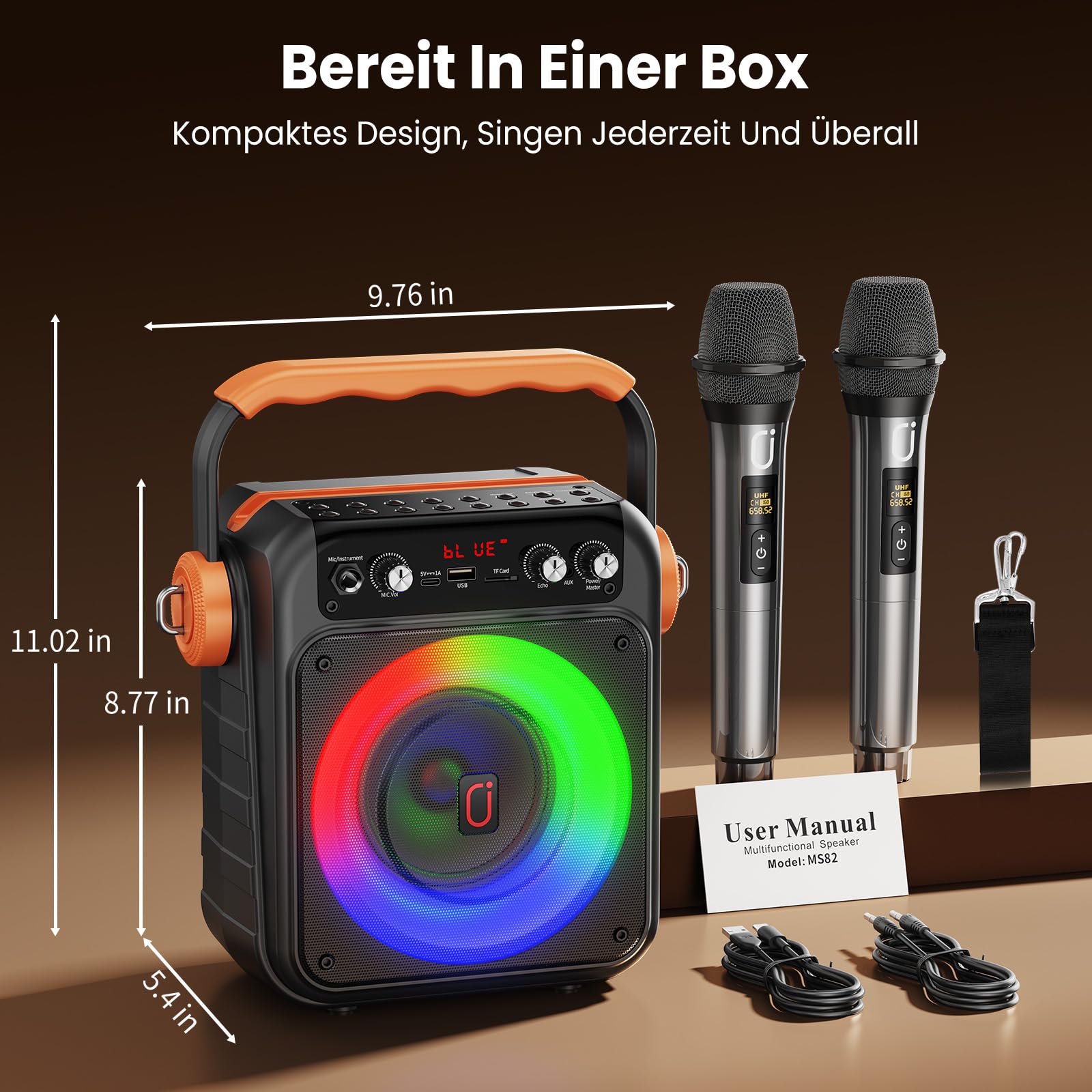 JYX Karaoke-Maschine mit 2 Mikrofonen, 80W Bluetooth 5.3 PA-Lautsprecher | 80W Leistung, TWS, USB, TF, AUX und Live, LED-Lichteffekte für Karaoke, Partys, Zuhause, Garten und Camping