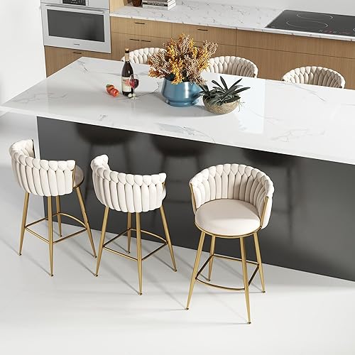 ABET Gold Bar Stools Set of 6, Velvet Hand-Woven Barstools, Seat Height 27″ Counter Stools with Upholstered Backrest, Modern Luxurious Kitchen Chairs with Metal Legs & Footrest, Beige