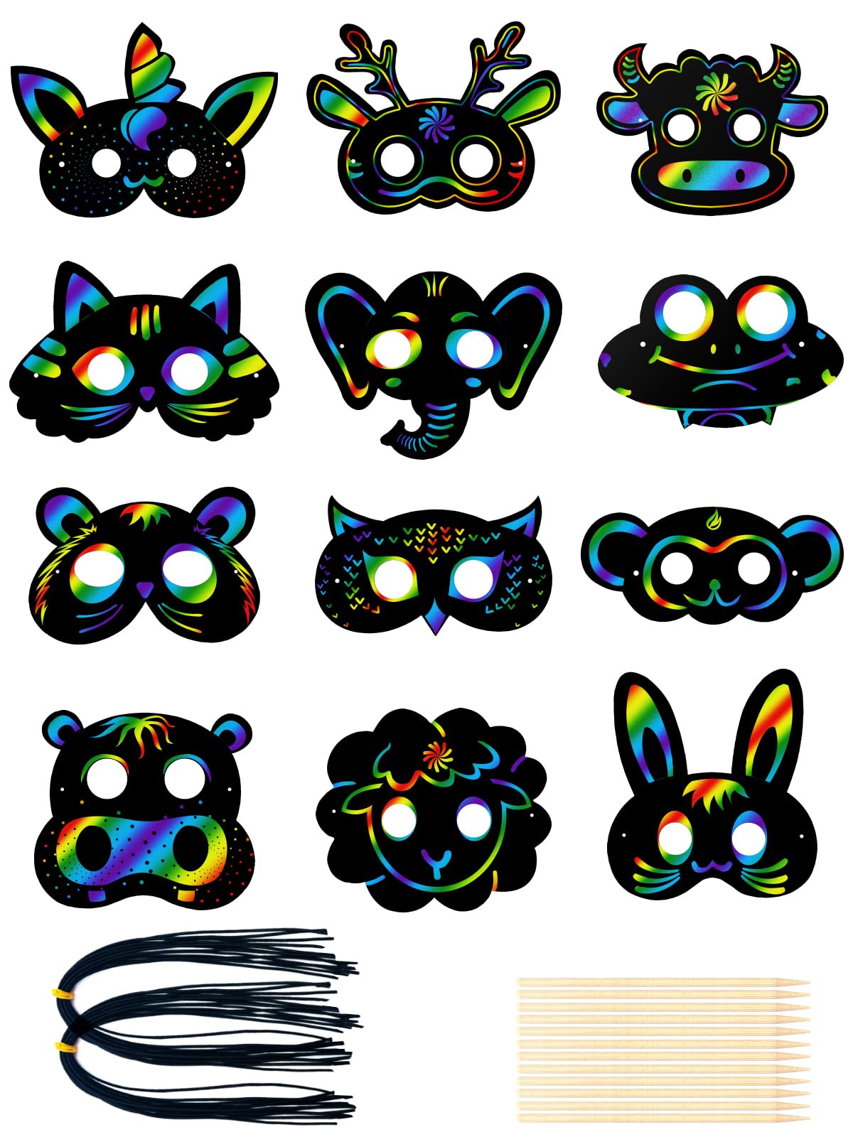 24pcs Tier Masken Kratzbilder für Kinder, Scratch Crafts Kinder Set mit Bändern Kratzstift, DIY Handwerk Masken zum Basteln für Geschenk Kindergeburtstag Spiele Party Mitgebsel Fasching Deko