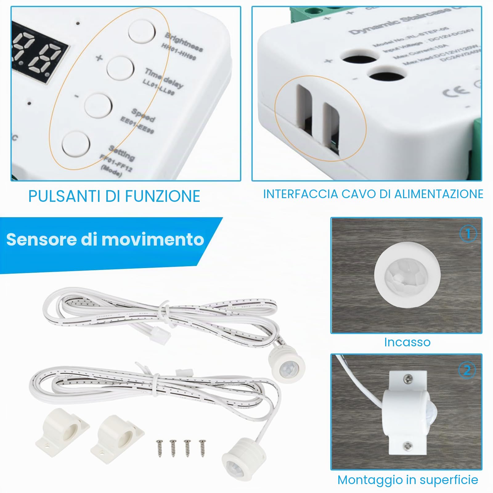 Illuminazione per gradini a LED con sensore di movimento, 20 livelli, set completo (luce calda 2700 K)