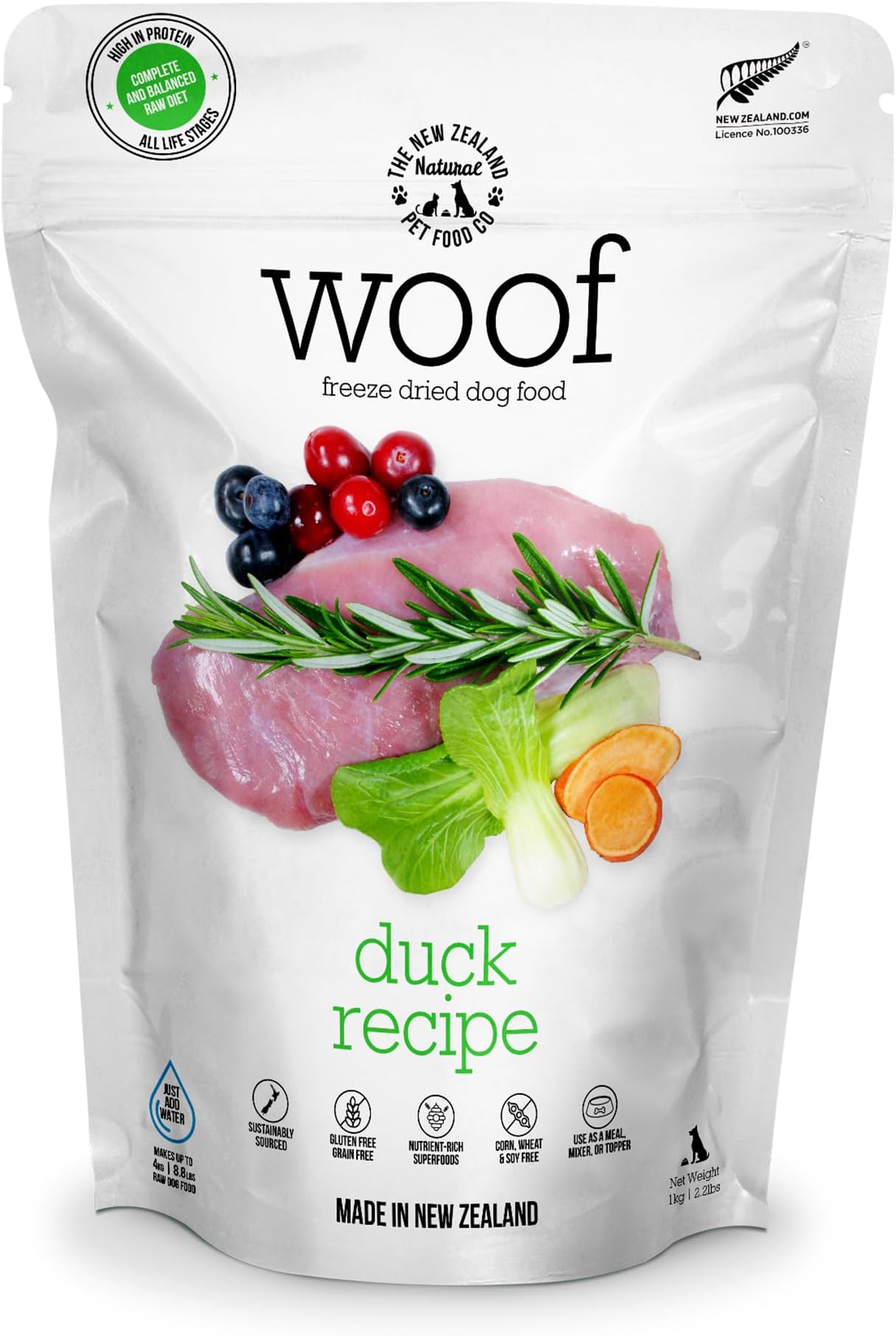- The New Zealand Natural Pet Food Co. WOOF Freeze Dried Dog Food - Duck Recipe, High Protein Dog Food, Natural Dog Treats, Toppers & Meals, 2.2 lb
