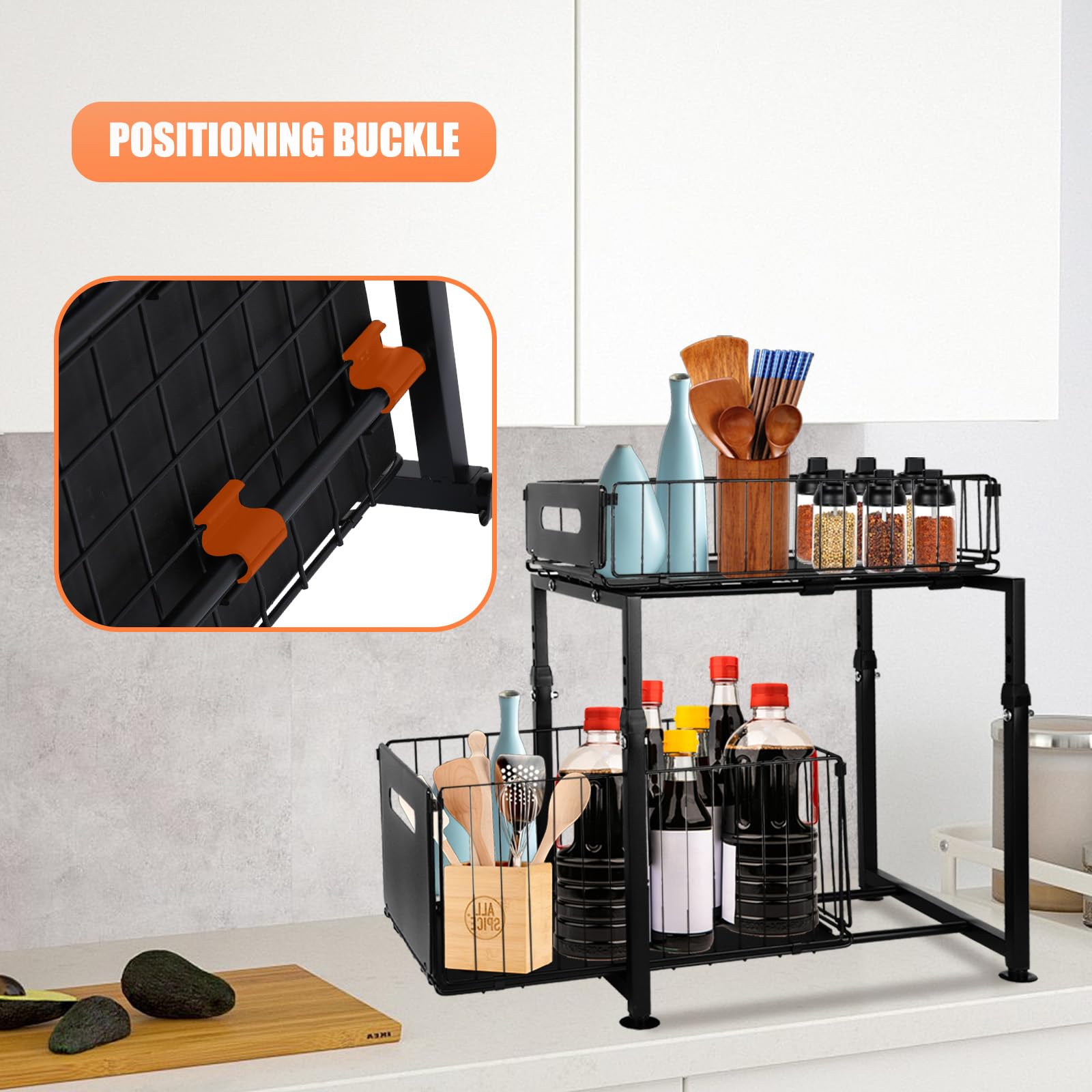 OHMG Organiseurs de Placards,Bac de Rangements sous Evier 2 Niveaux Organisateur Coulissant avec 2 Tiroirs Porte-épices pour Comptoir de Cuisine Organisateur pour Salle de Bain, Cuisine, Bureau
