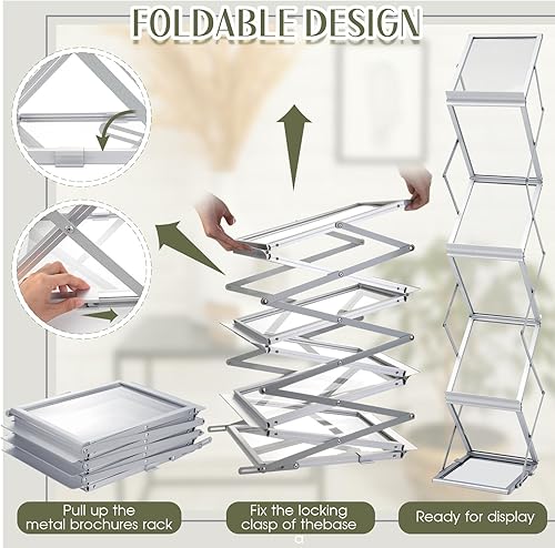 Miniatura 4 de Tatuo Estante plegable para revistas, catálogo de metal, portátil, 6 bolsillos con bolsa de transporte, soporte de aluminio para folletos, soporte