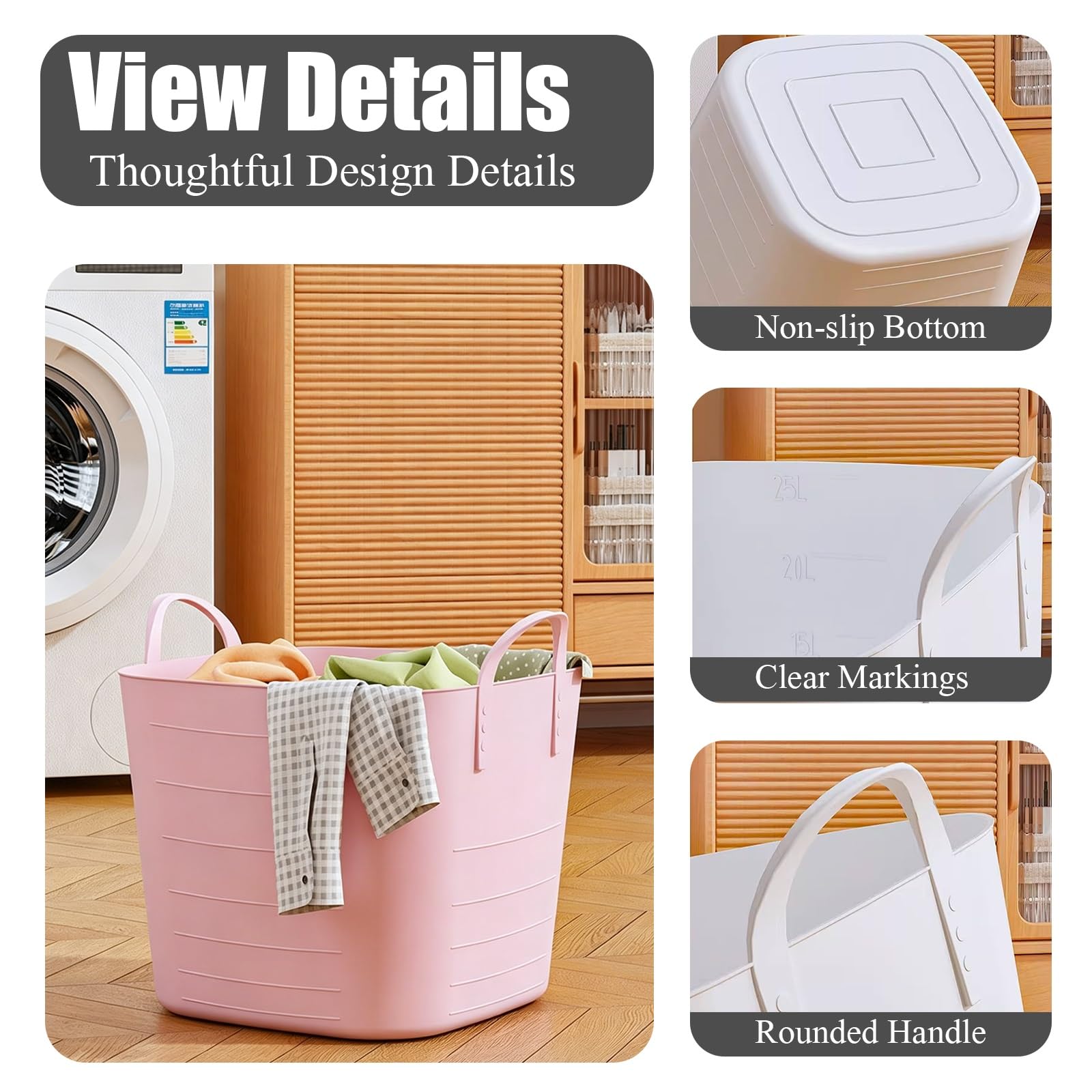 Cesto For La Biancheria In Plastica, Contenitore For Vestiti Di Grande Capacità Con Manici, Vasca Organizer For La Casa Antiscivolo, Cesto For Il Bagno Pieghevole(Pink)