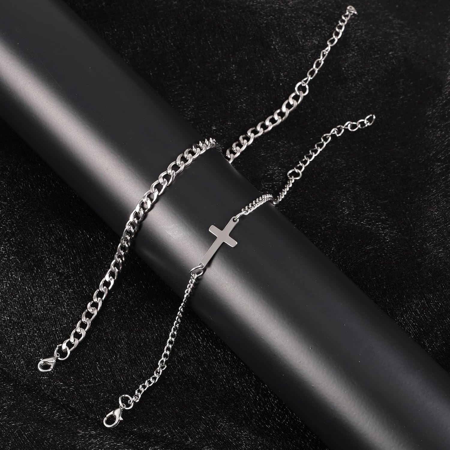 2pcs Men Silver Bracelets, Stylish Cross and Silver Cuban Link Bracelet Dainty Jewelry Accessories for Men Dad