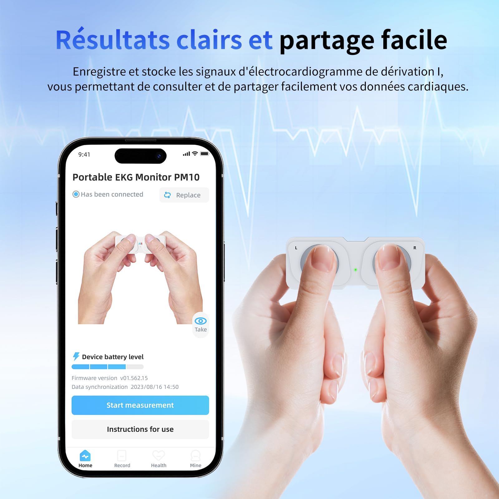 Moniteur ECG mobile, appareil ECG personnel, détecte la fibrillation auriculaire, la bradycardie ou la tachycardie en 30 secondes, moniteur de fréquence cardiaque, application pour iOS/Android