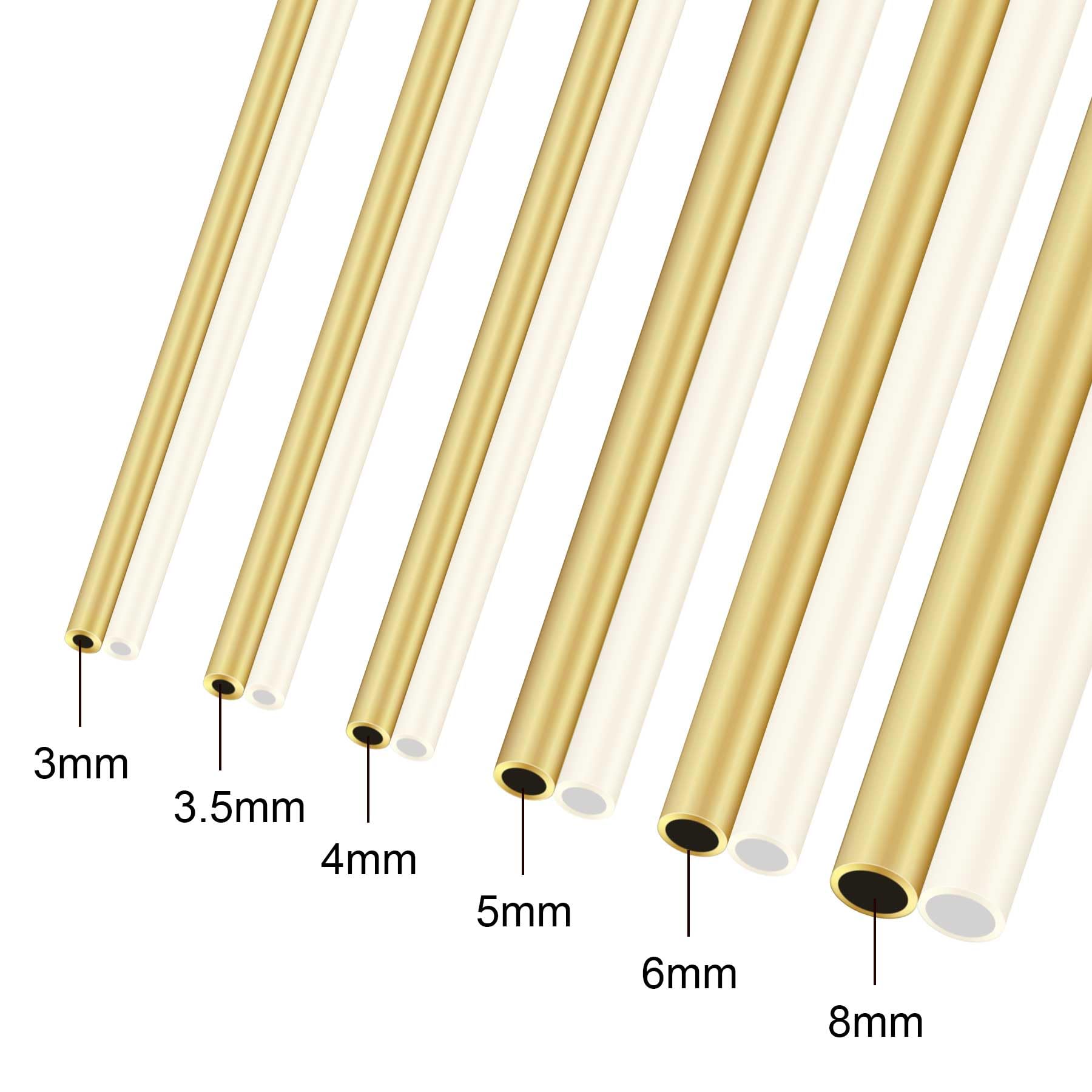 Lot de 6 tubes ronds en laiton sans couture - 3 mm, 3,5 mm, 4 mm, 5 mm, 6 mm, 8 mm x 0,75 mm, épaisseur de paroi 300 mm de long, pour loisirs créatifs