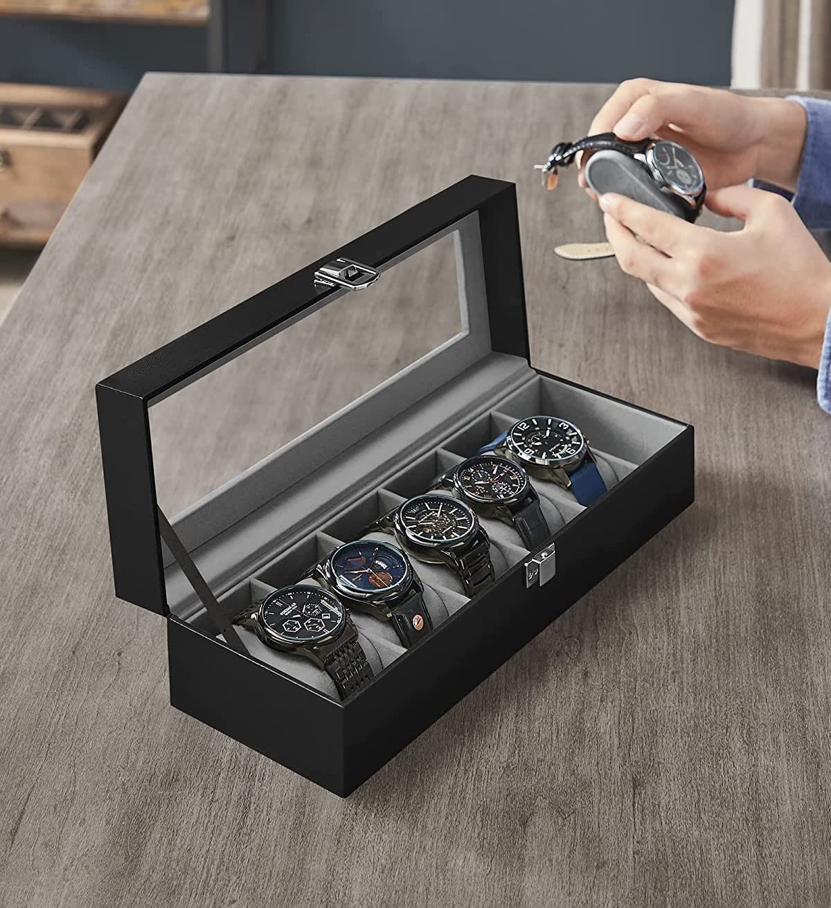 LIMBANI BROTHERS Watch Case Storage Organizer Box Men 6 Slot Watch Organizer PU Leather Lockable with Transparent Glass Lid Soft Pillow for Watch,Bracelet, Jewelry Storage Boxes (6 SLOT) (B0C56S88LQ) Amazon Price History, Amazon Price Tracker