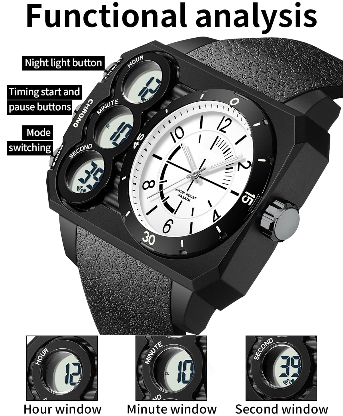 findtime Reloj analógico digital único para hombre, doble zona horaria, deportivo, al aire libre, cuadrado, grande, alarma, cronómetro, cuenta regresiva, LED, luminoso, negro y verde