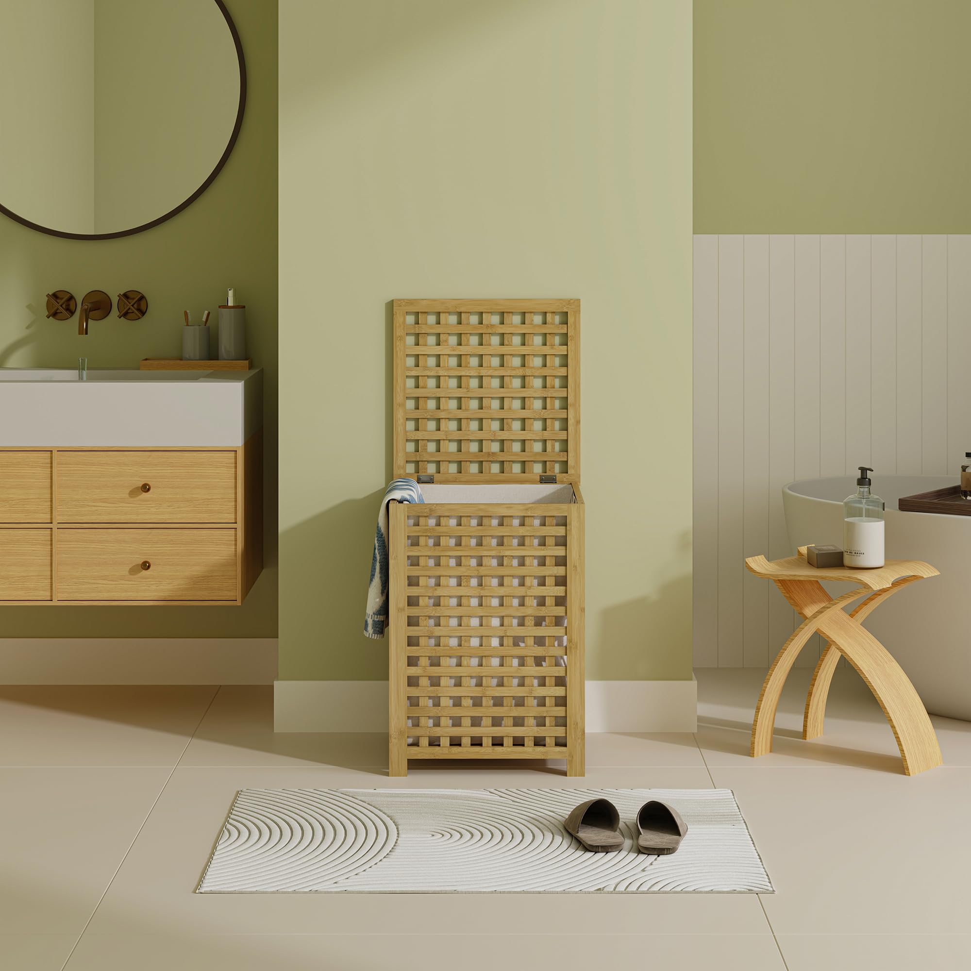 [en.casa] Mobile Portabiancheria in Bambù con Coperchio Ribaltabile e Sacco Interno Rimovibile Cesto per Bucato per Bagno Lavanderia 62x45x45 cm Capacità 79 L