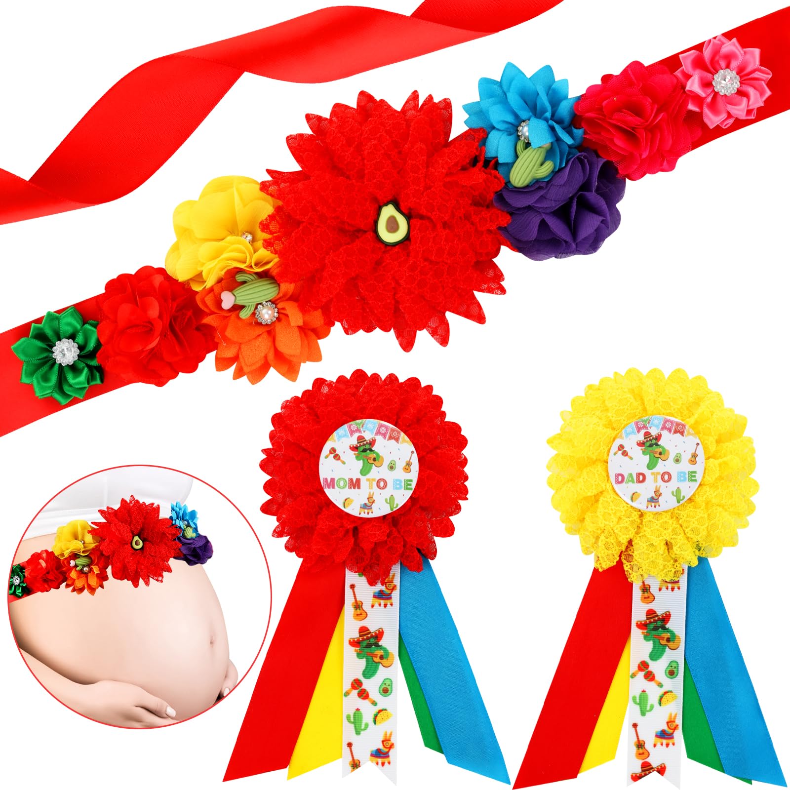 JOYMEMO Mexican Fiesta Baby Shower Maternity Sash Kit, Taco About A Baby Shower Belly Belt and Mom To Be & Dad To Be Corsage Pins, Pregnancy New Parents Photo Props Fiesta Themed Party Supplies