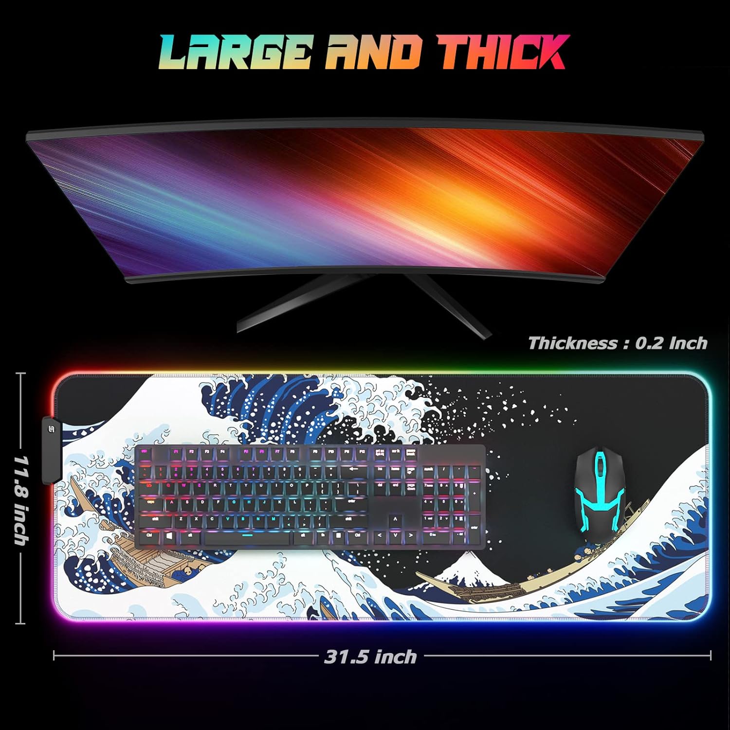 ITNRSIIET RGB Gaming Mouse Pad, Full Desk XL Extended Large Gaming Mousepad, 12 Lighting Modes 30% Thicker Big LED Desk Mat for Gamers, 32 x 12 inches, Japanese Waves
