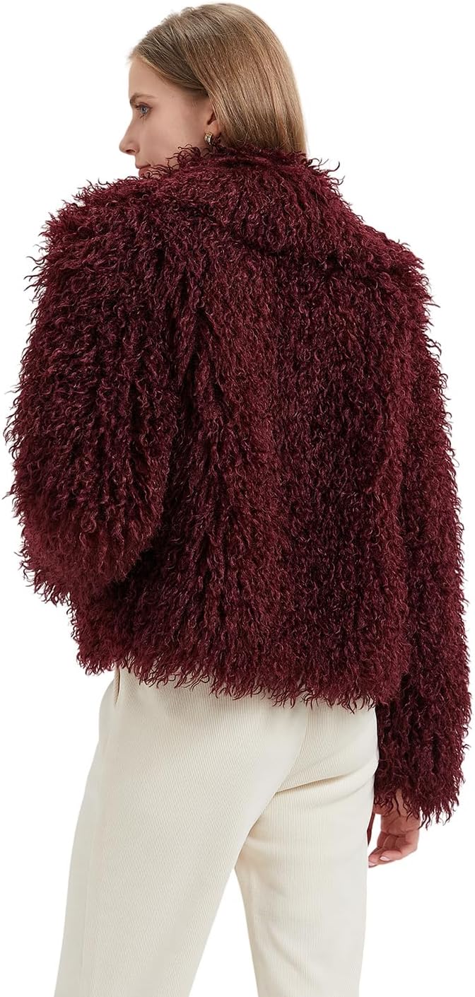 GRAN ORIENTE Women Burgundy Shaggy Cropped Jacket Coats,2025 Winter Fluffy Faux Fur Warm Long Sleeve Outerwear - Image 4
