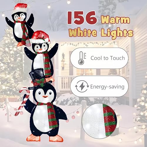 Miniatura 4 de Juego de decoración navideña de pingüinos iluminados para exteriores e interiores, 3 figuras de pingüinos iluminados apilables (58 x 23.5 pulgadas)