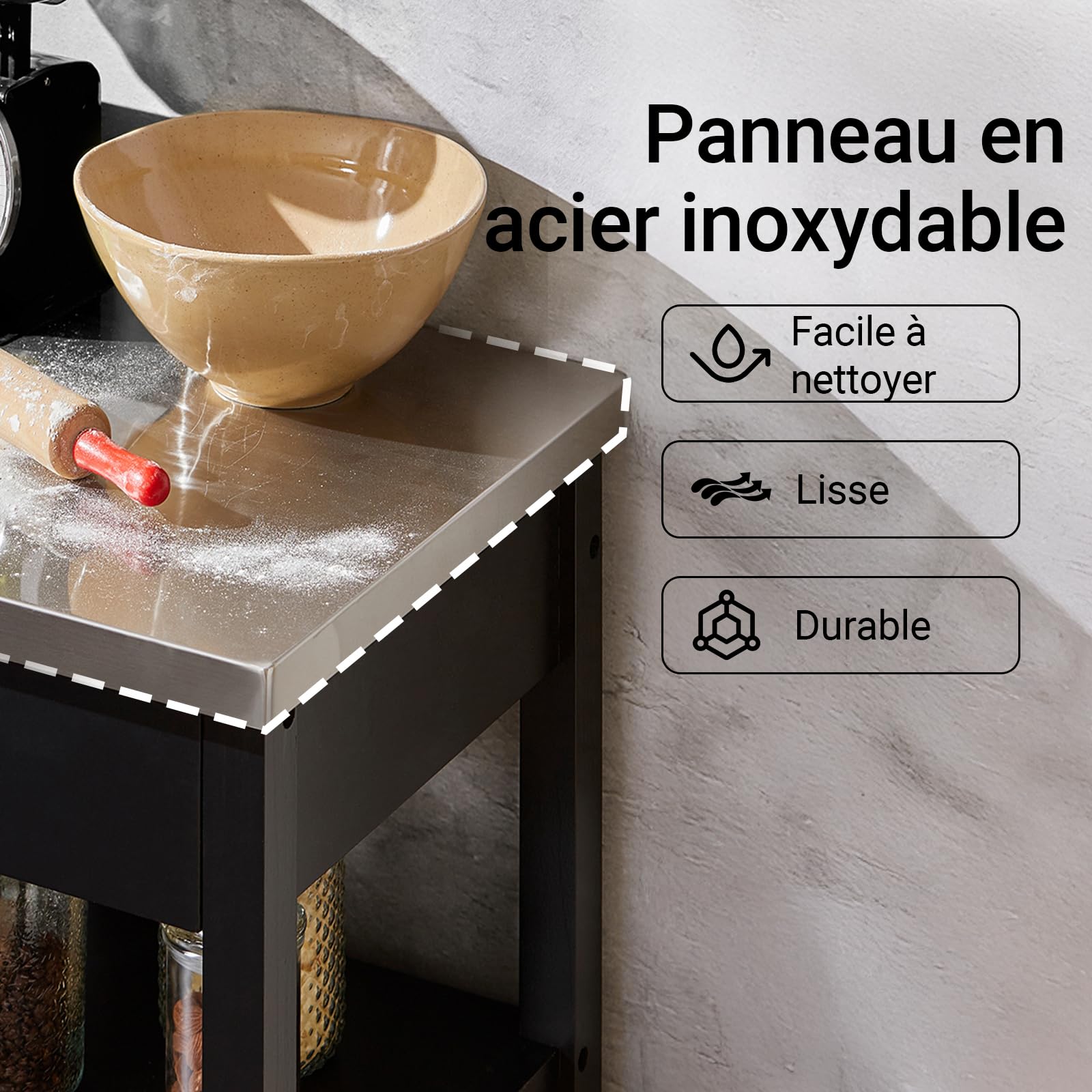 SoBuy Meuble de Cuisine à roulettes avec Plan de Travail Desserte Cuisine compacte pour Rangement Cuisine, extérieur ou Chambre Chariot de Service Multifonction Noir 60x92x45cm FKW22-SCH