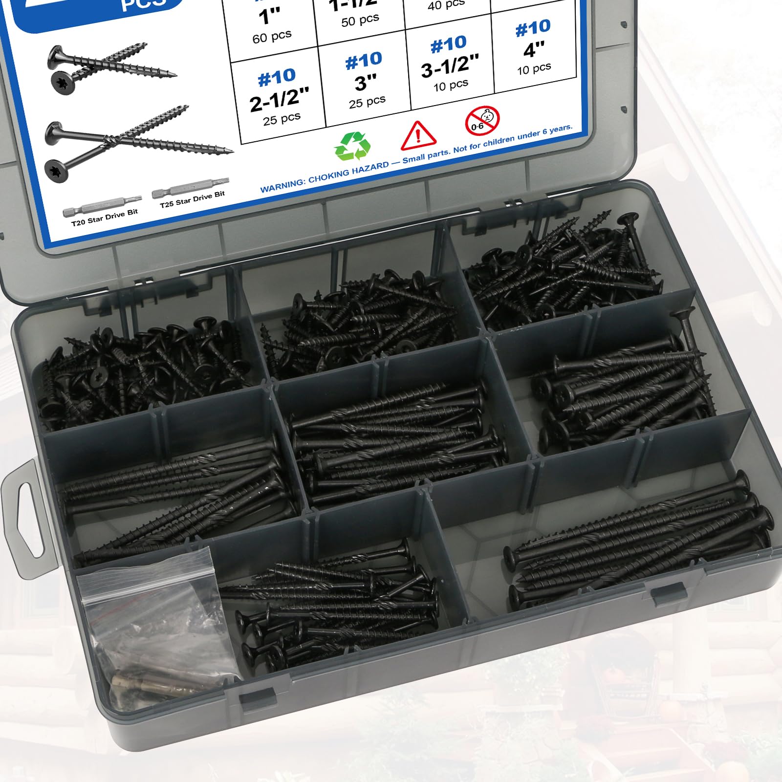 480 Stück Deckschrauben, #10 Holzschrauben-Sortiment-Set, 4 Größen, sortiert, rostbeständige Torx-Schrauben mit Flachkopf, schwarzes Schraubenset für Holzbearbeitungsprojekte, Stern-Bit im