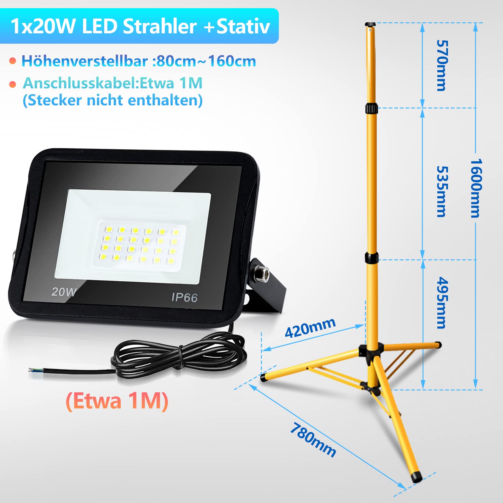 Eulenke Reflektor budowlany LED 20 W ze statywem, 1700 lm, reflektor LED, lampa budowlana z kablem 1 m, 6000 K, zimna biel, wodoszczelność IP66, do użytku wewnątrz i na zewnątrz, do warsztatu (bez wtyczki)