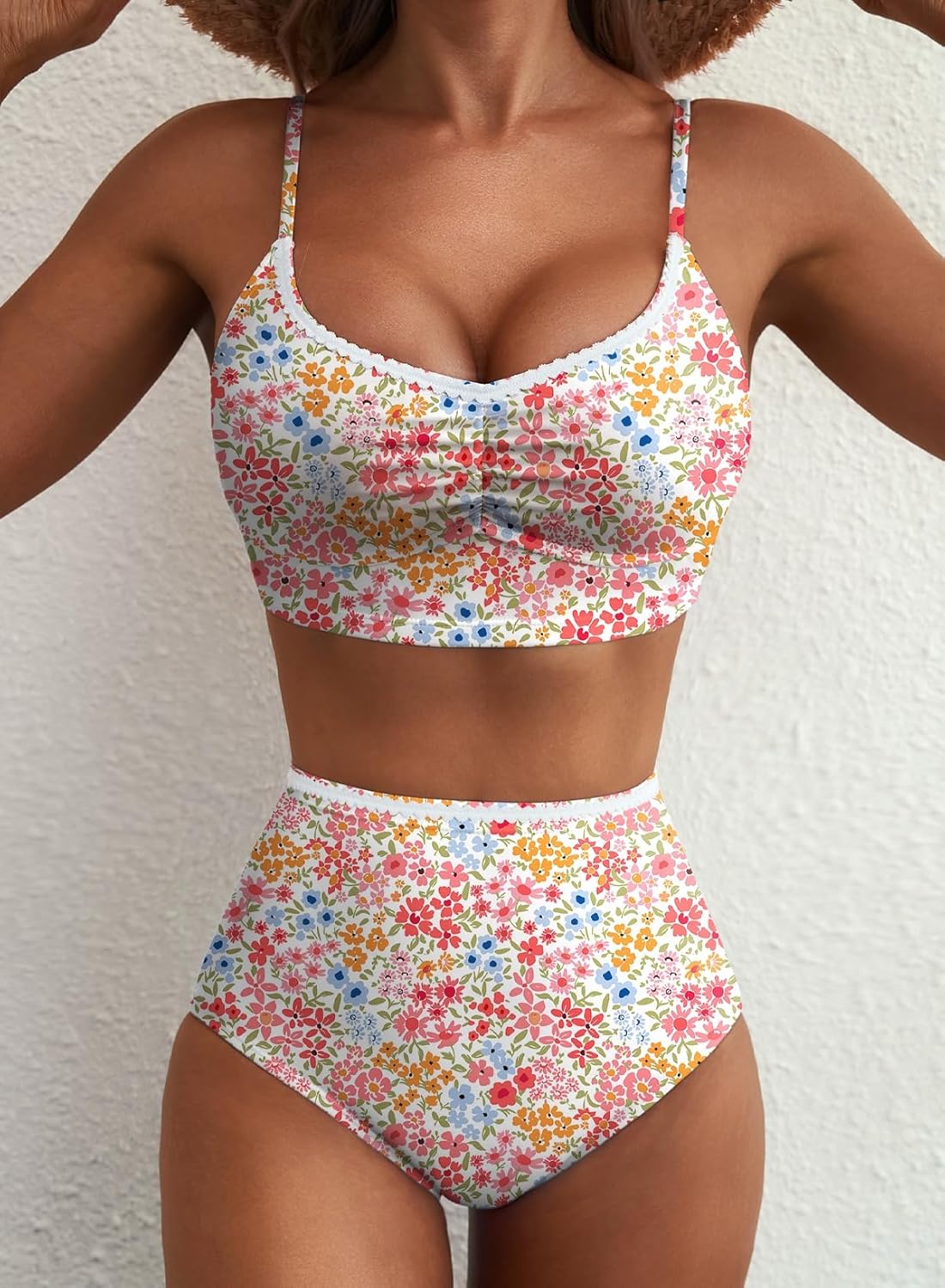 Herseas Women's Ruched Bikini Sets Two Piece Allover Printed Swimsuits High Waisted Bathing Suits