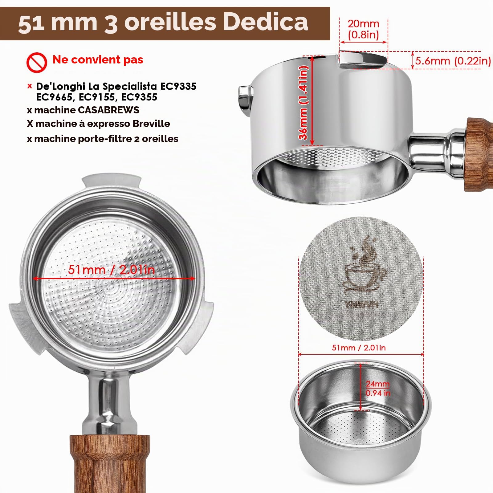 Porte-filtre expresso sans fond à 3 oreilles, 51 mm, acier inoxydable de qualité supérieure, compatible Delonghi EC680/EC685, écran et panier inclus