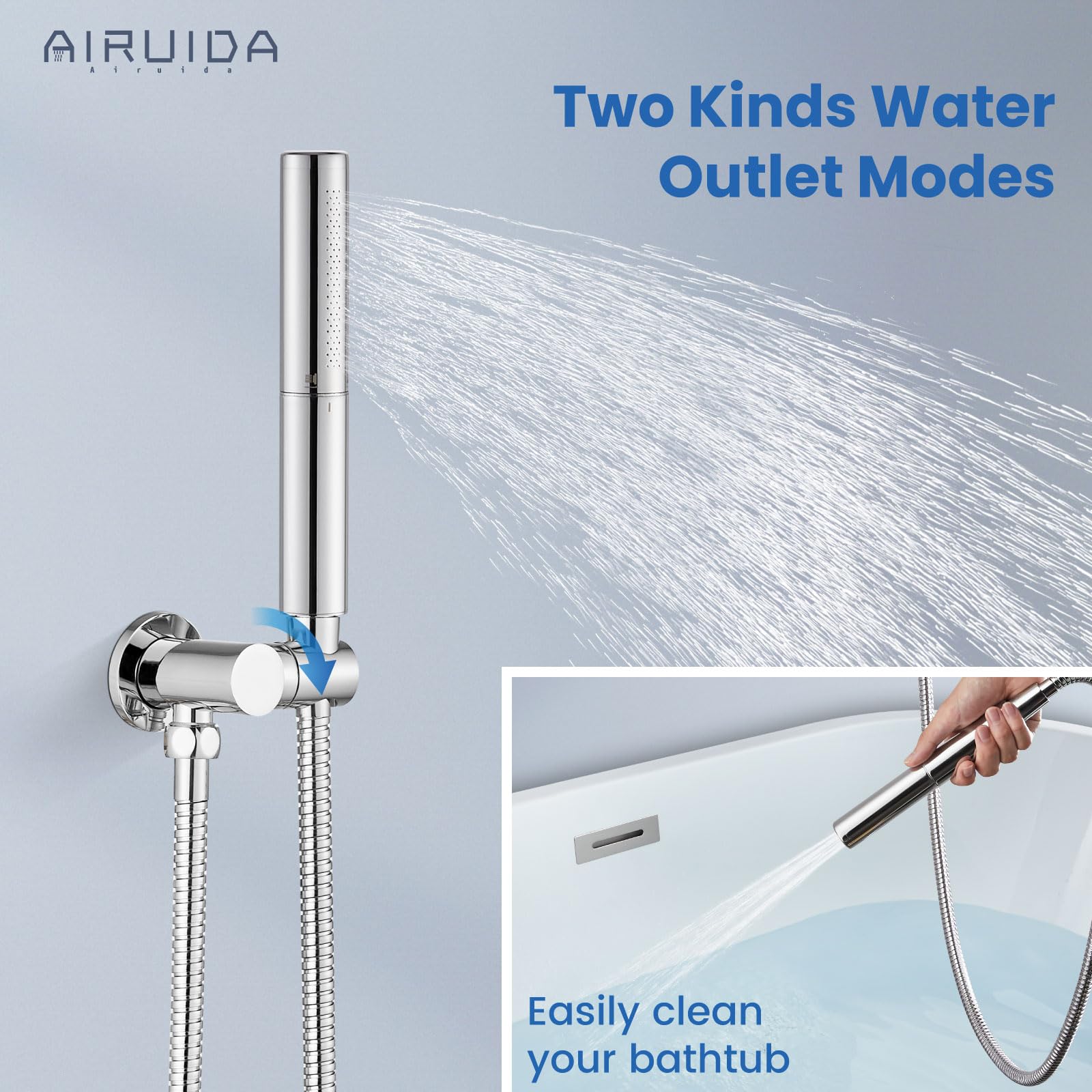 Airuida Shower Faucet Set Chrome Polish 2 Functions 12 Inches Round Rainfall Shower Head and High Pressure Brass Shower Handheld Mixer Bathroom Wall Mount Shower System Rough-in Valve Included