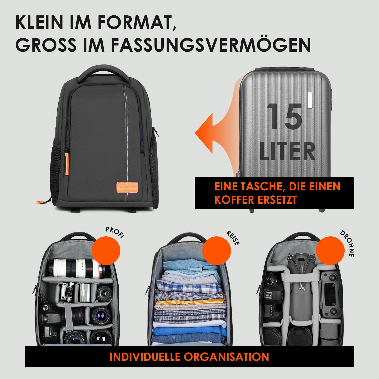 TARION Kamerarucksack Spiegelreflex Fotorucksack Wasserdicht Leicht und Kompakt Klein DSLR Rucksack mit 15 Zoll Laptopfach und Regenhaube